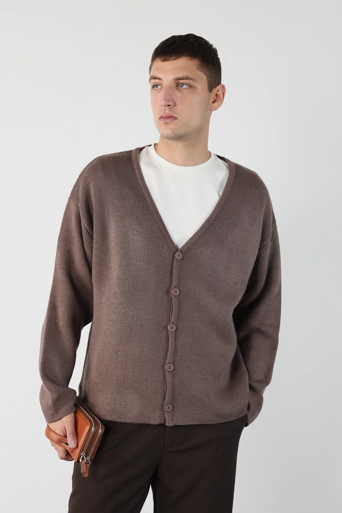 Oversize Düğmeli Triko Hırka - Kahverengi