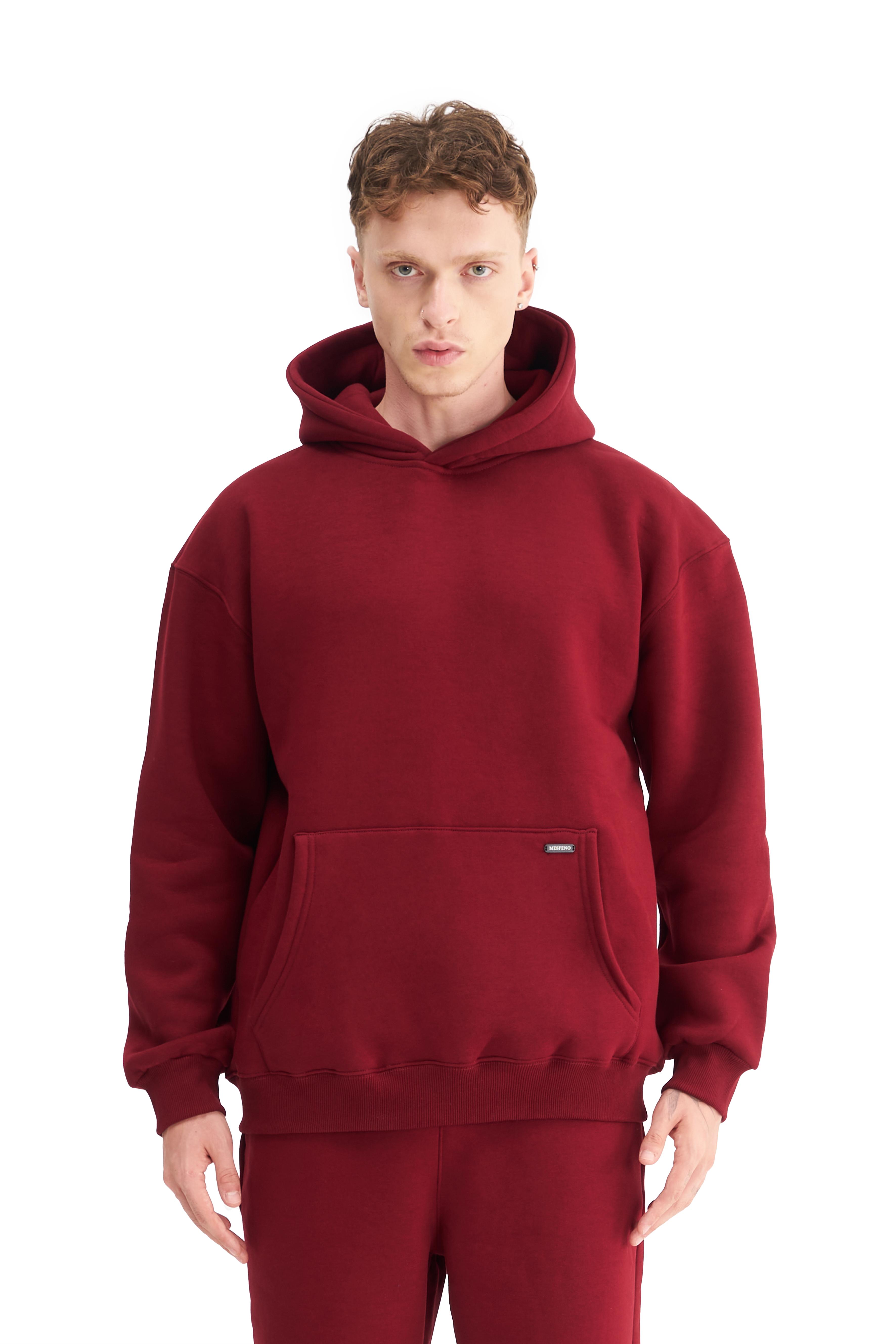 Mesfeno Erkek Oversize Şardonlu 3 İplik Kapüşonlu Sweatshirt - Bordo