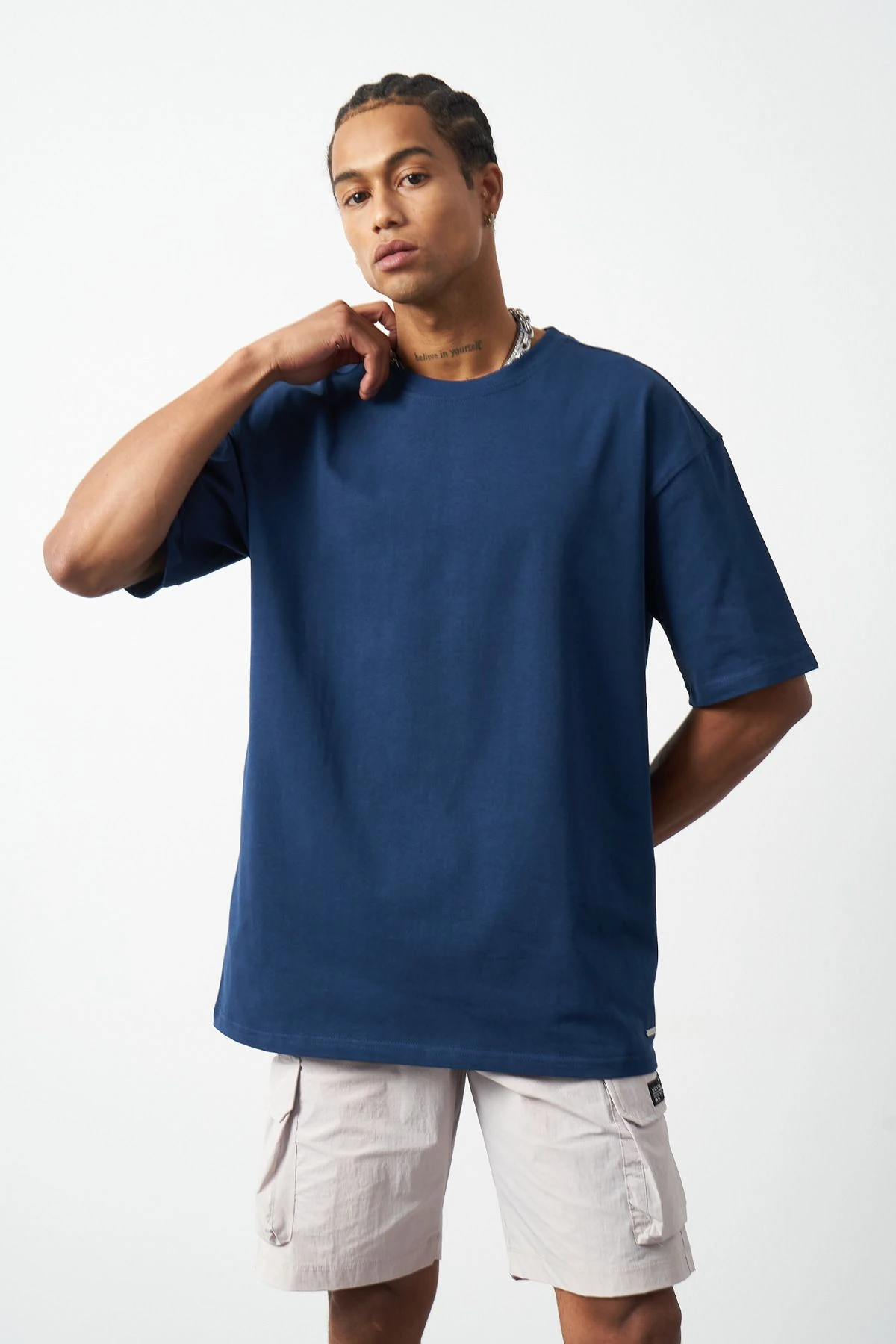 Oversize Dikiş Detaylı Premium Basic T-Shirt - Indigo