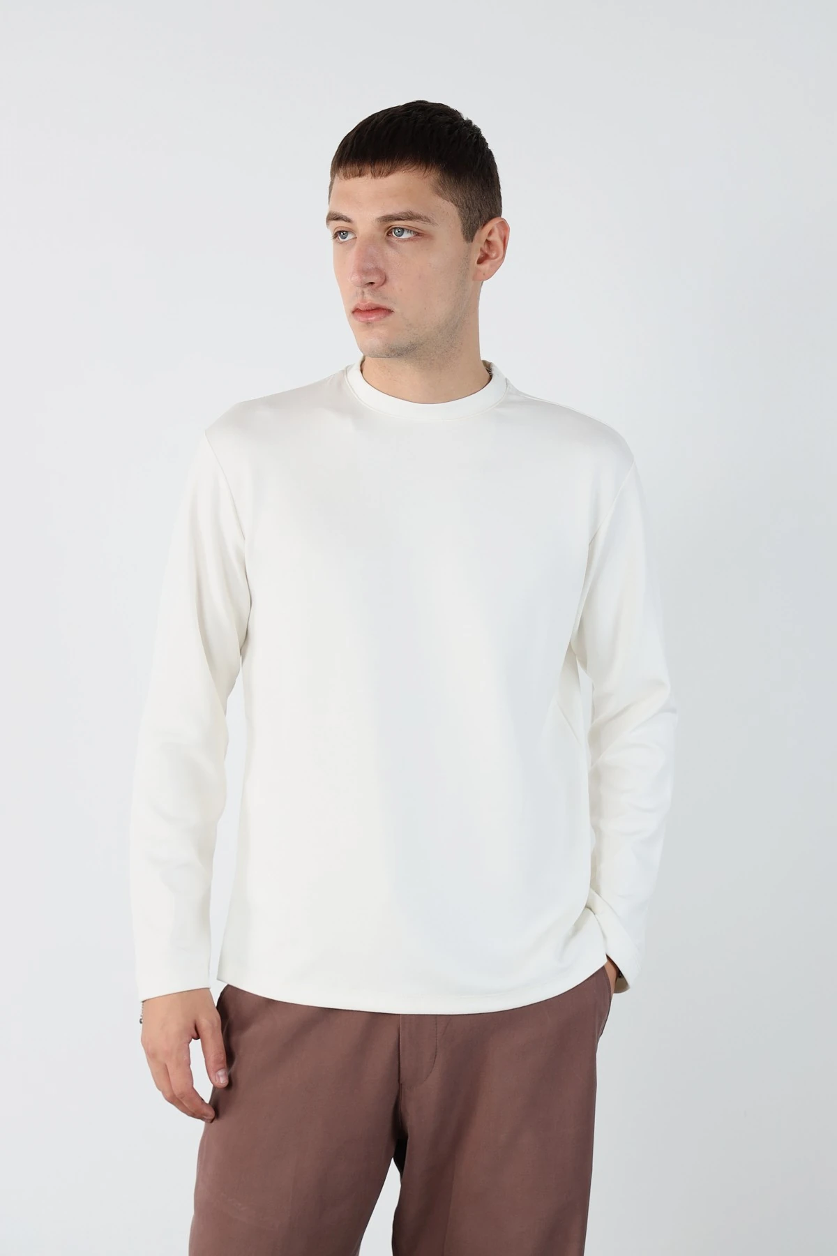 Regular Esnek Modal Kumaş Erkek Sweatshirt - Beyaz