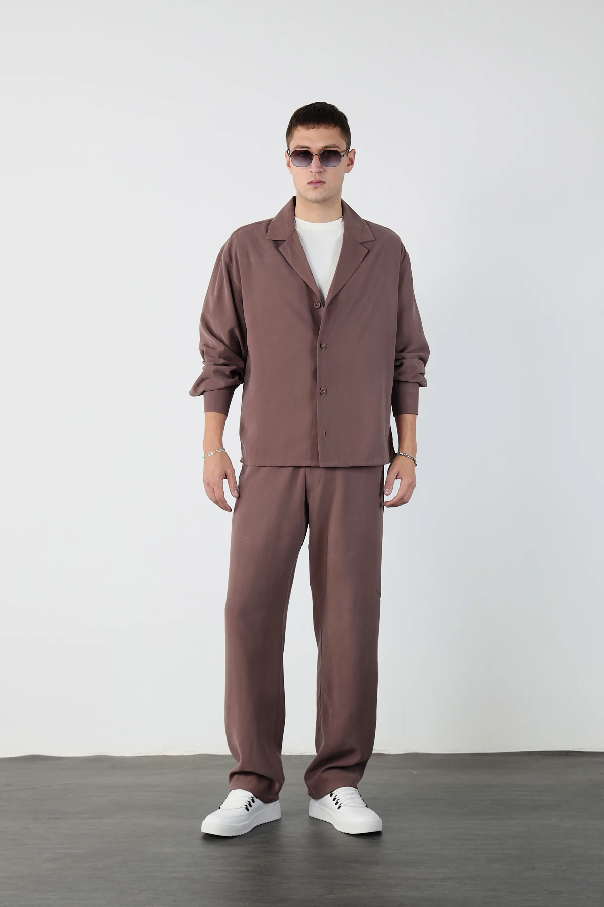 Kamp Yaka Modal Kumaş Alt Üst Takım - Kahverengi