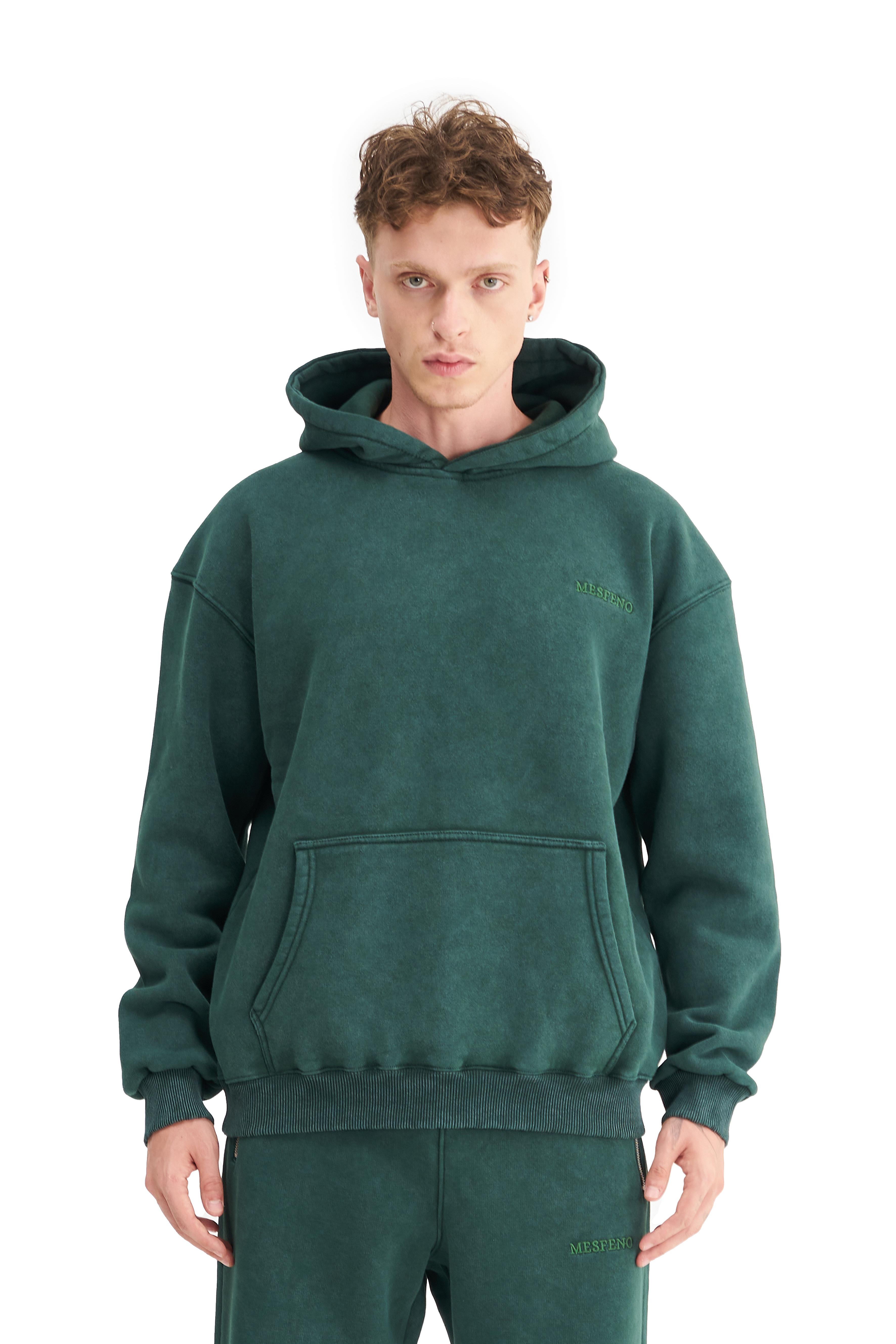 Mesfeno Erkek Oversize Şardonlu Kapüşonlu Yıkamalı Sweatshirt - Yeşil