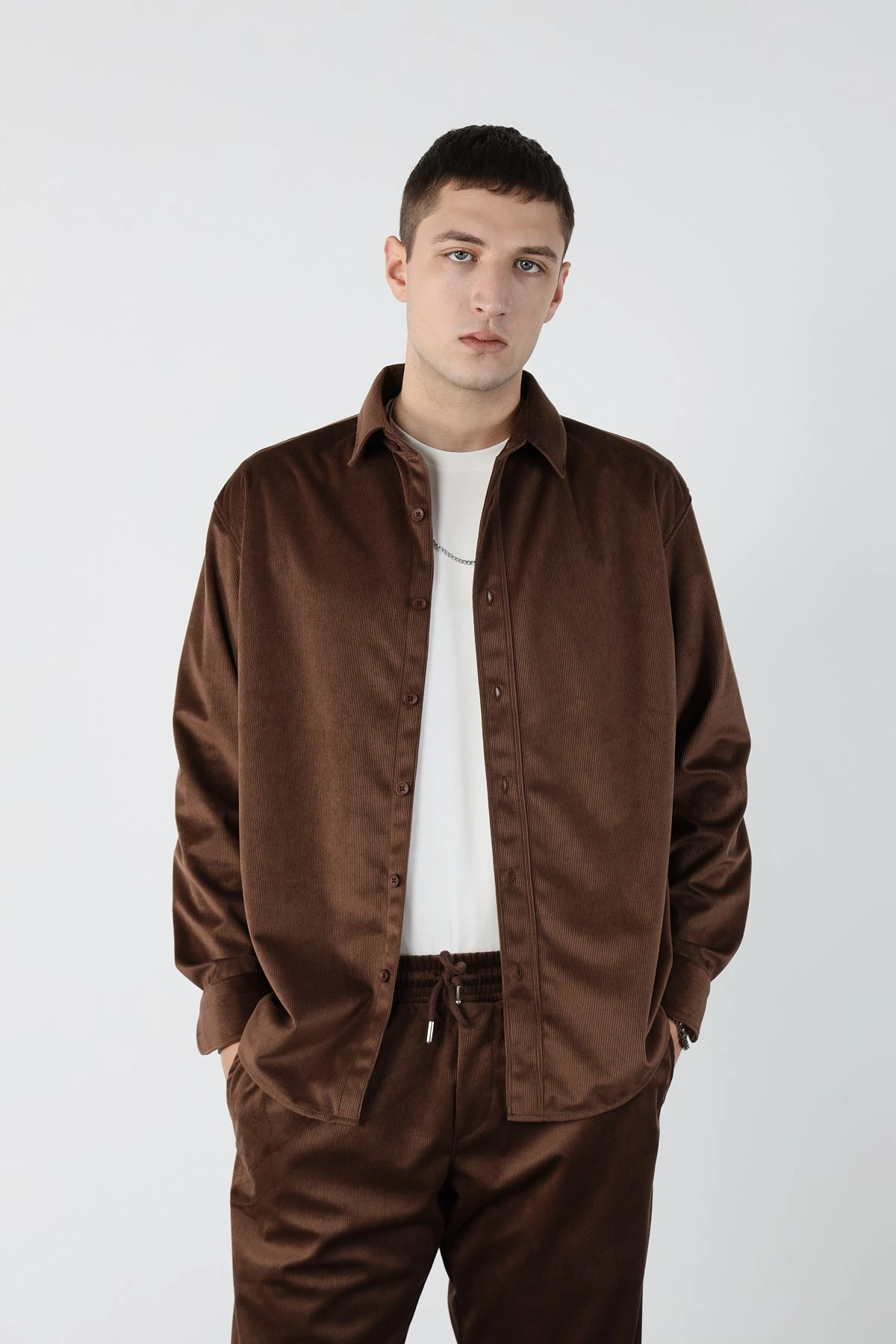 İnce Fitilli Oversize Kadife Gömlek - Kahverengi