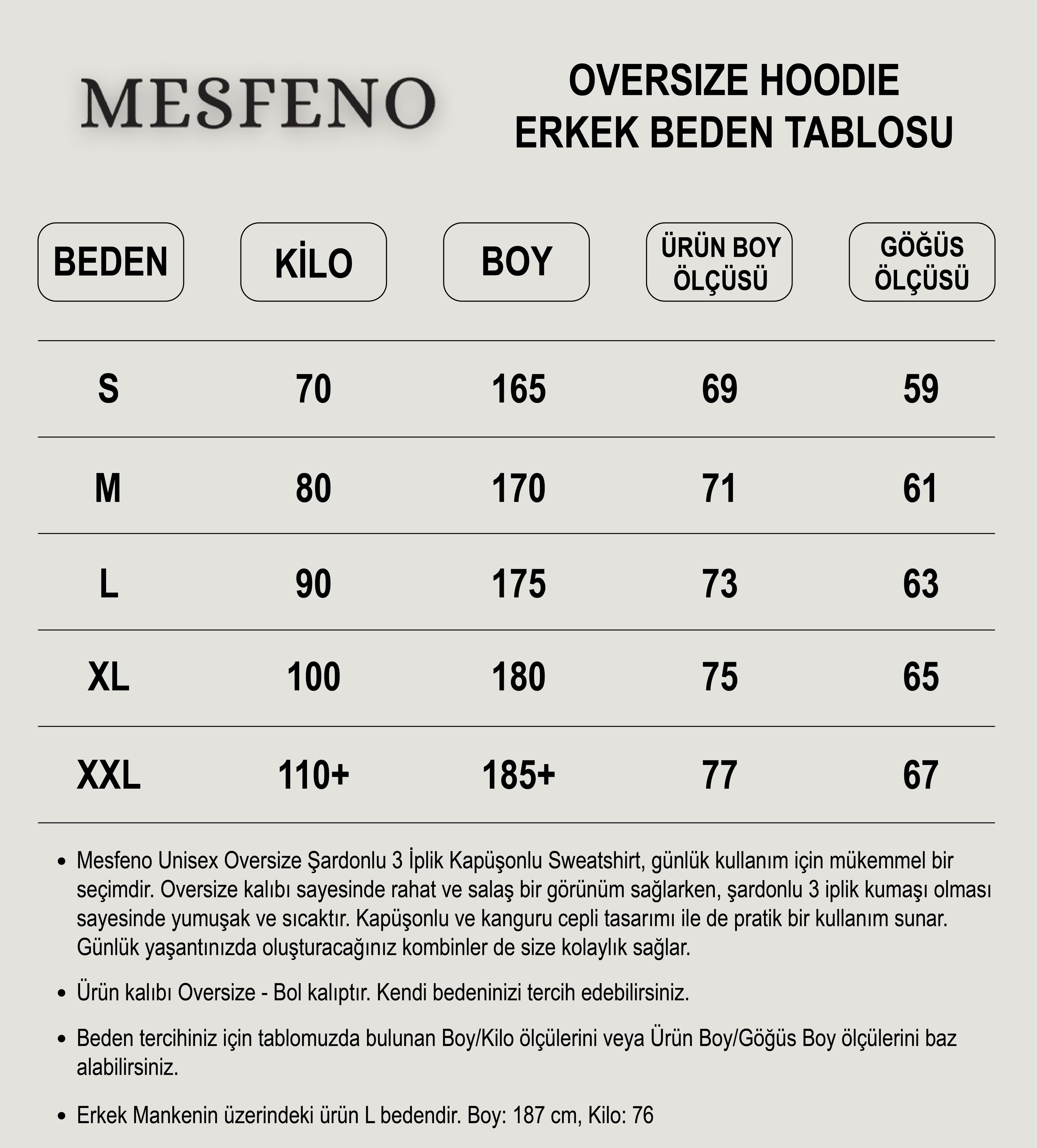 Mesfeno Erkek Oversize Şardonlu 3 İplik Kapüşonlu Sweatshirt