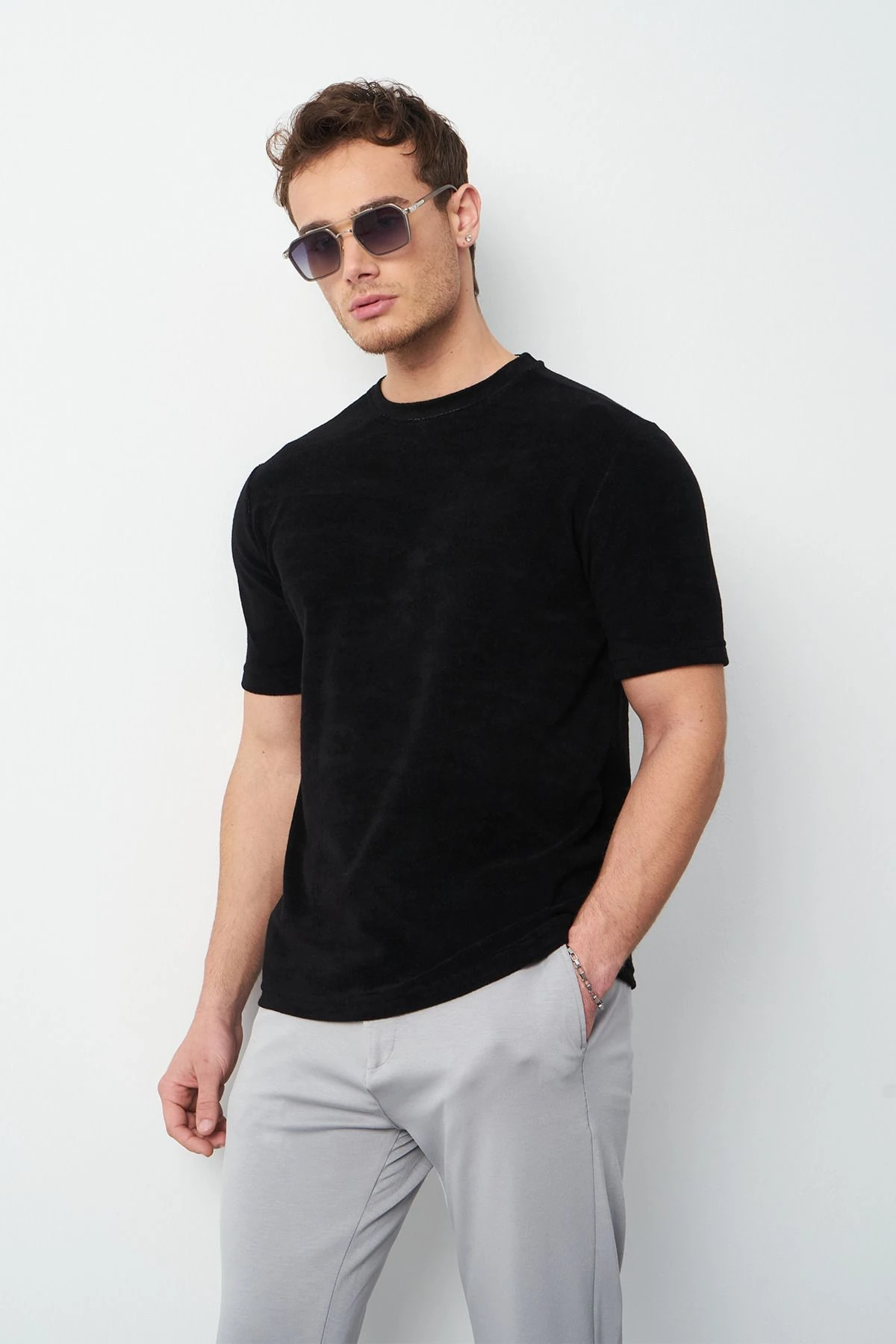 Havlu Kumaş Regular Fit Sıfır Yaka T-Shirt - Siyah