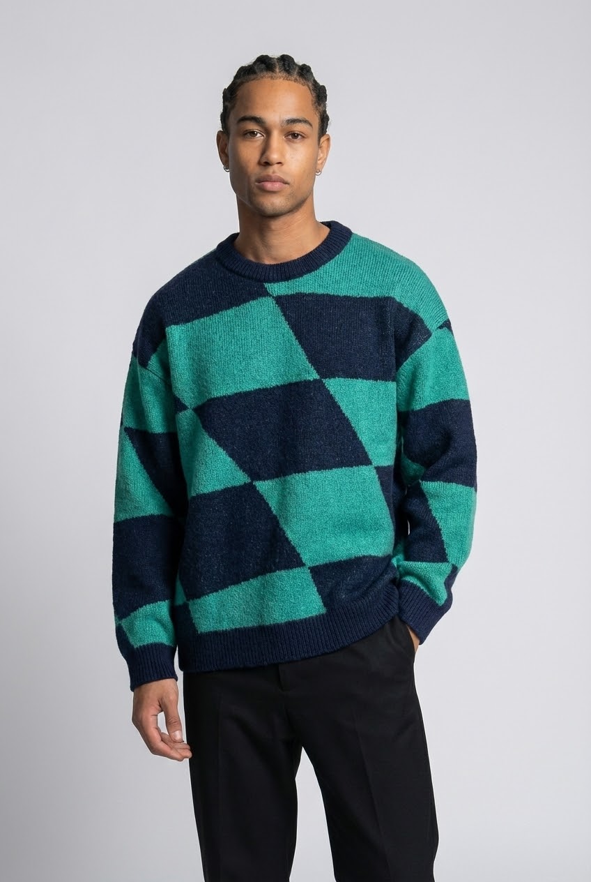 Zigzag Bloklu Oversize Kazak - Yeşil