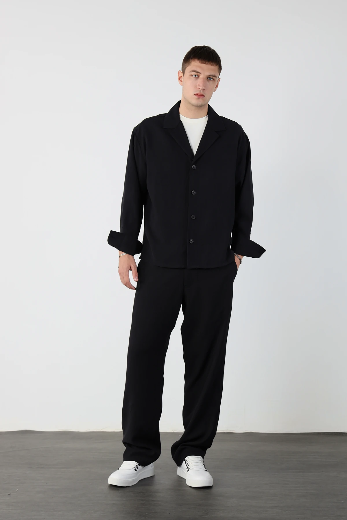 Kamp Yaka Modal Kumaş Alt Üst Takım - Siyah