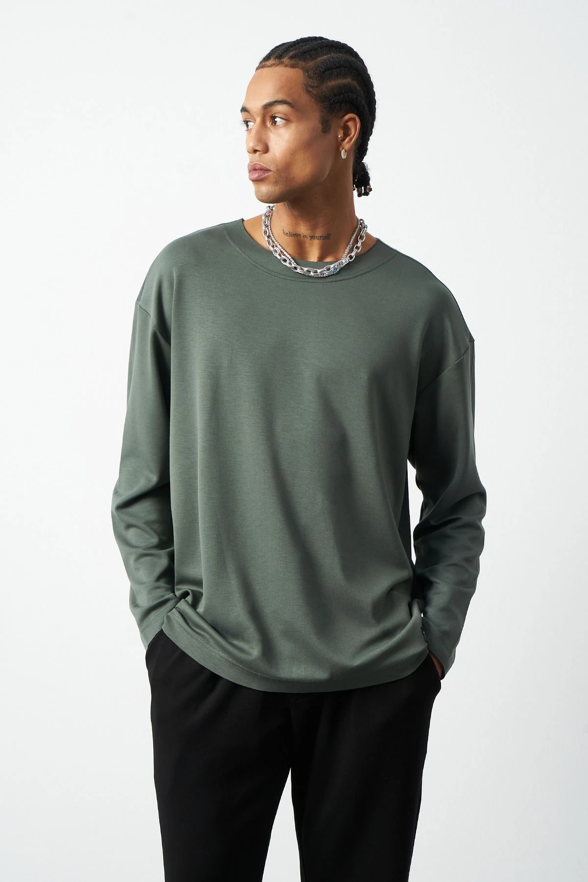 Oversize Uzun Kol Esnek Modal Erkek T-Shirt - Yeşil