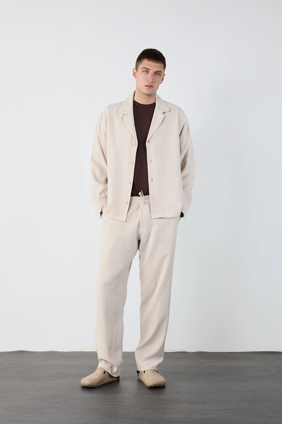 Kamp Yaka Modal Kumaş Alt Üst Takım - Ekru