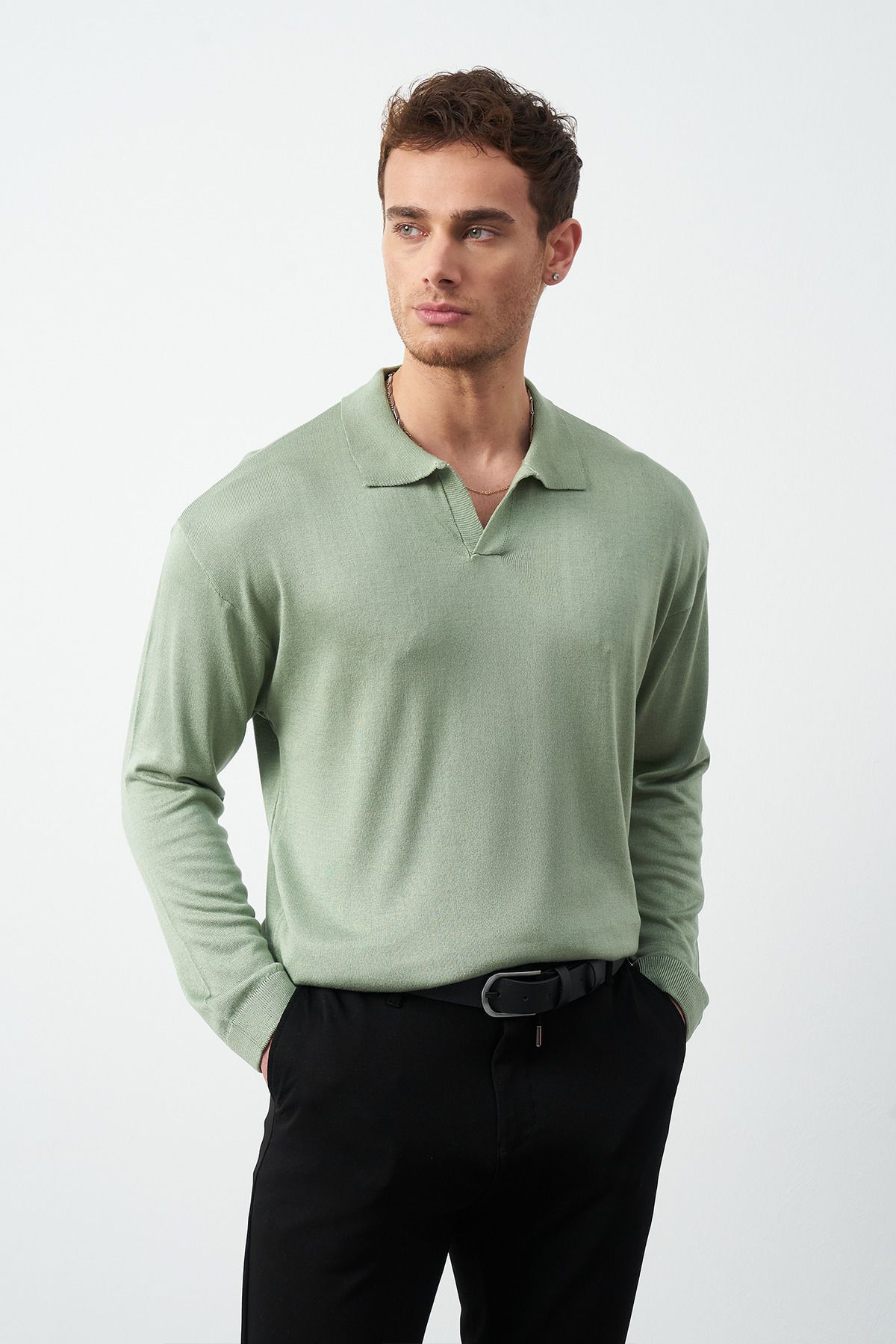 Uzun Kollu Oversize İnce Triko Erkek Kazak - Çağla Yeşili