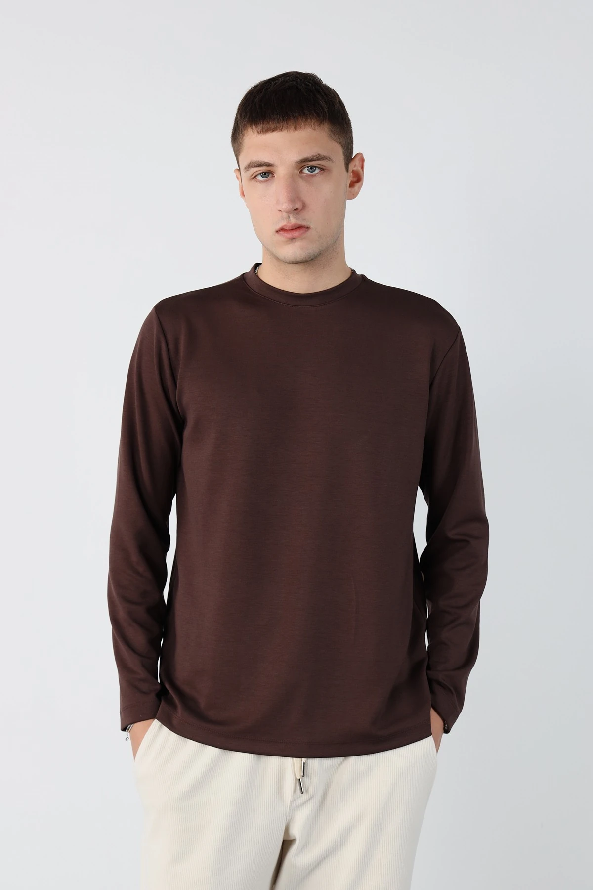 Regular Esnek Modal Kumaş Erkek Sweatshirt - Kahverengi