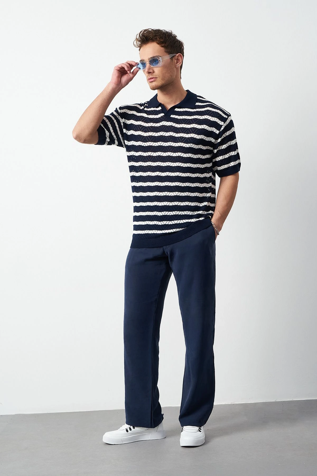 Çizgili Regular Fit İnce Triko Erkek T-Shirt - Lacivert