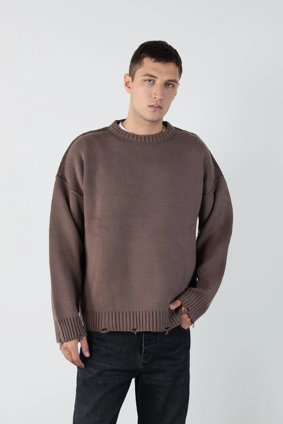 Eskitme Detaylı Oversize Triko Kazak