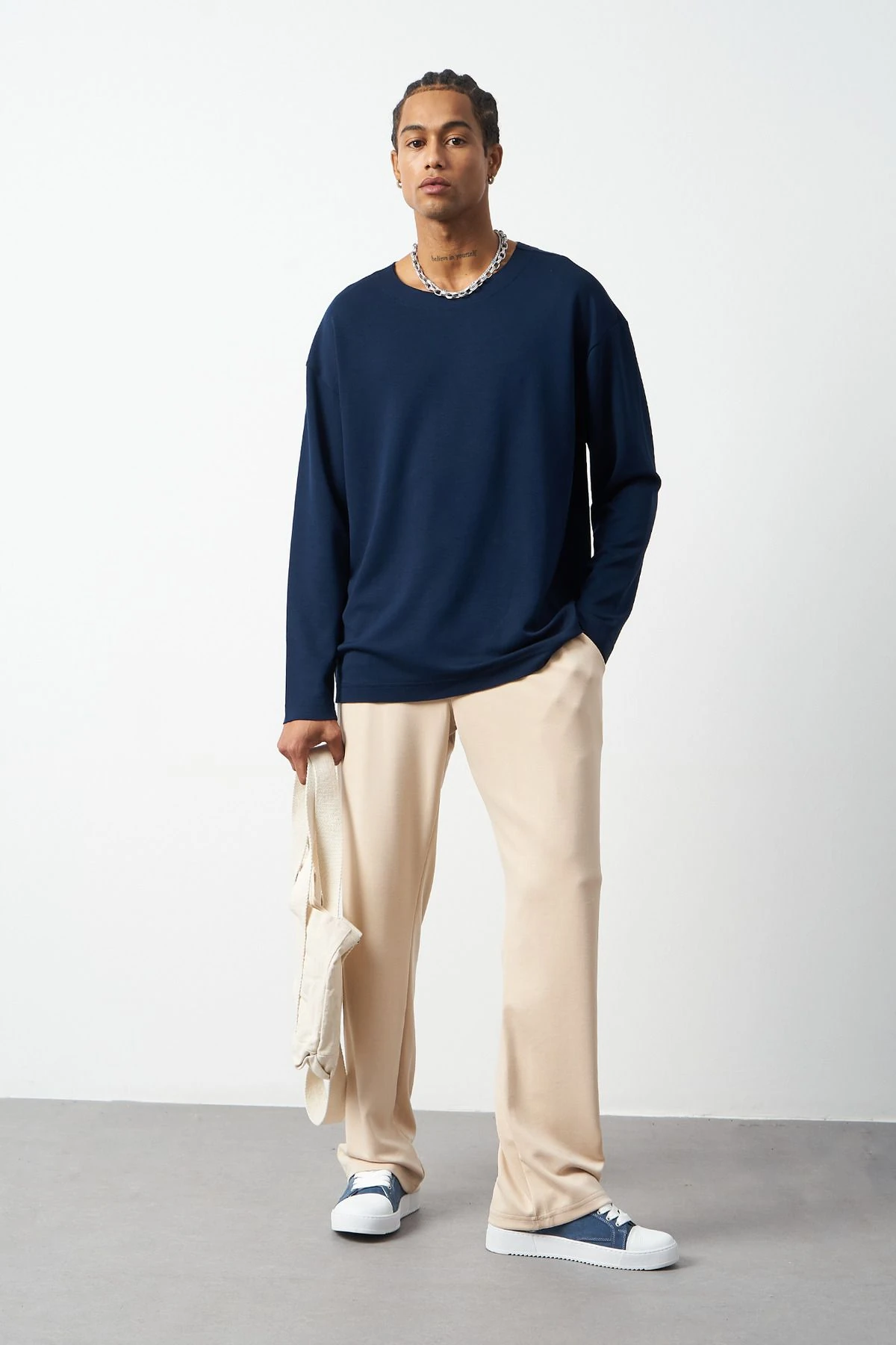 Esnek Modal Kumaş Baggy Erkek Pantolon - Bej