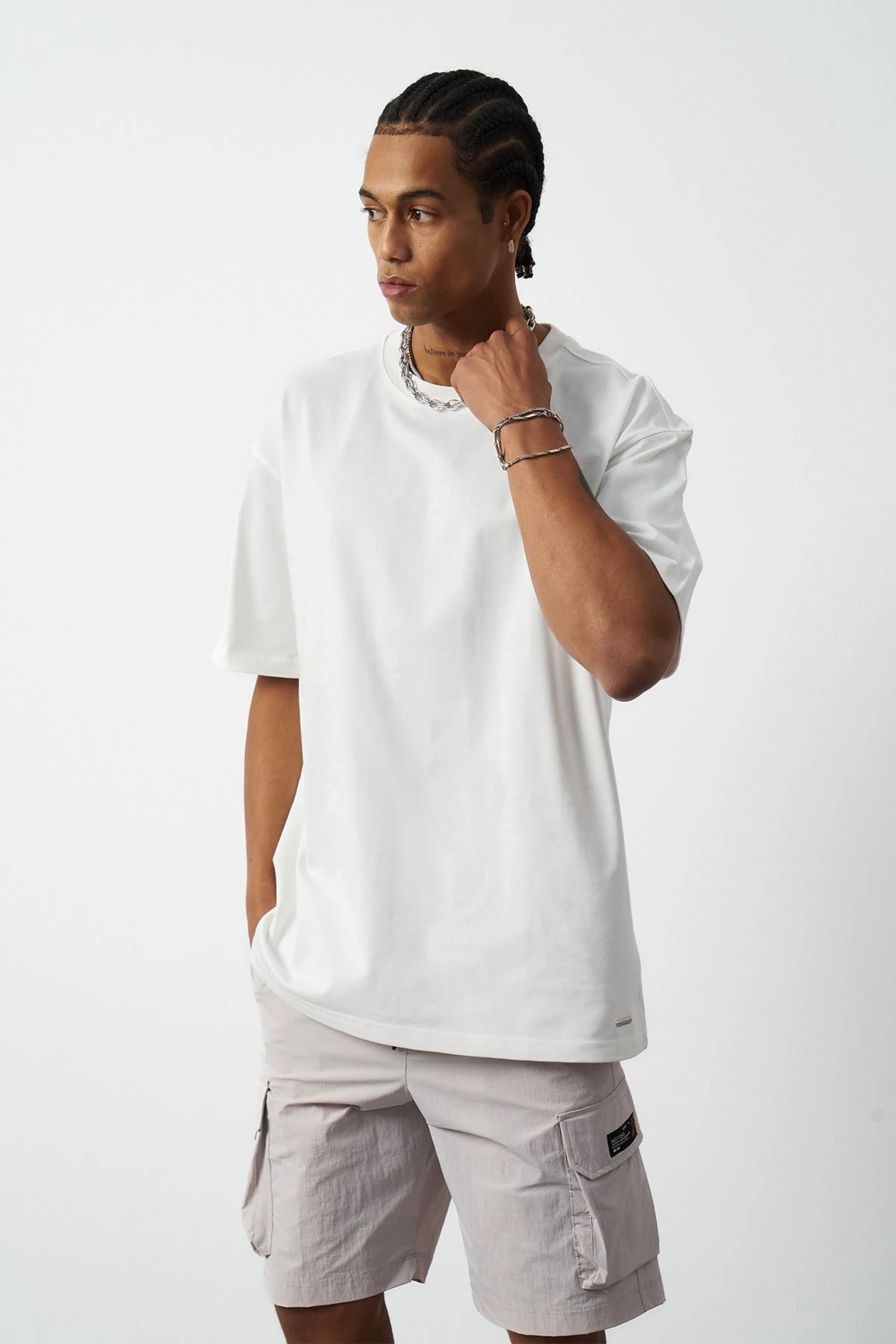 Oversize Dikiş Detaylı Premium Basic T-Shirt - Beyaz