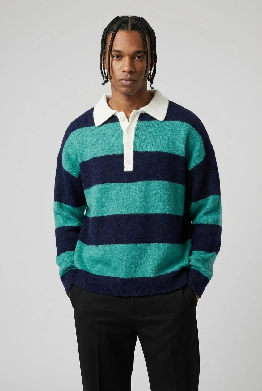 Pamuklu Oversize Çizgili Kazak - Yeşil