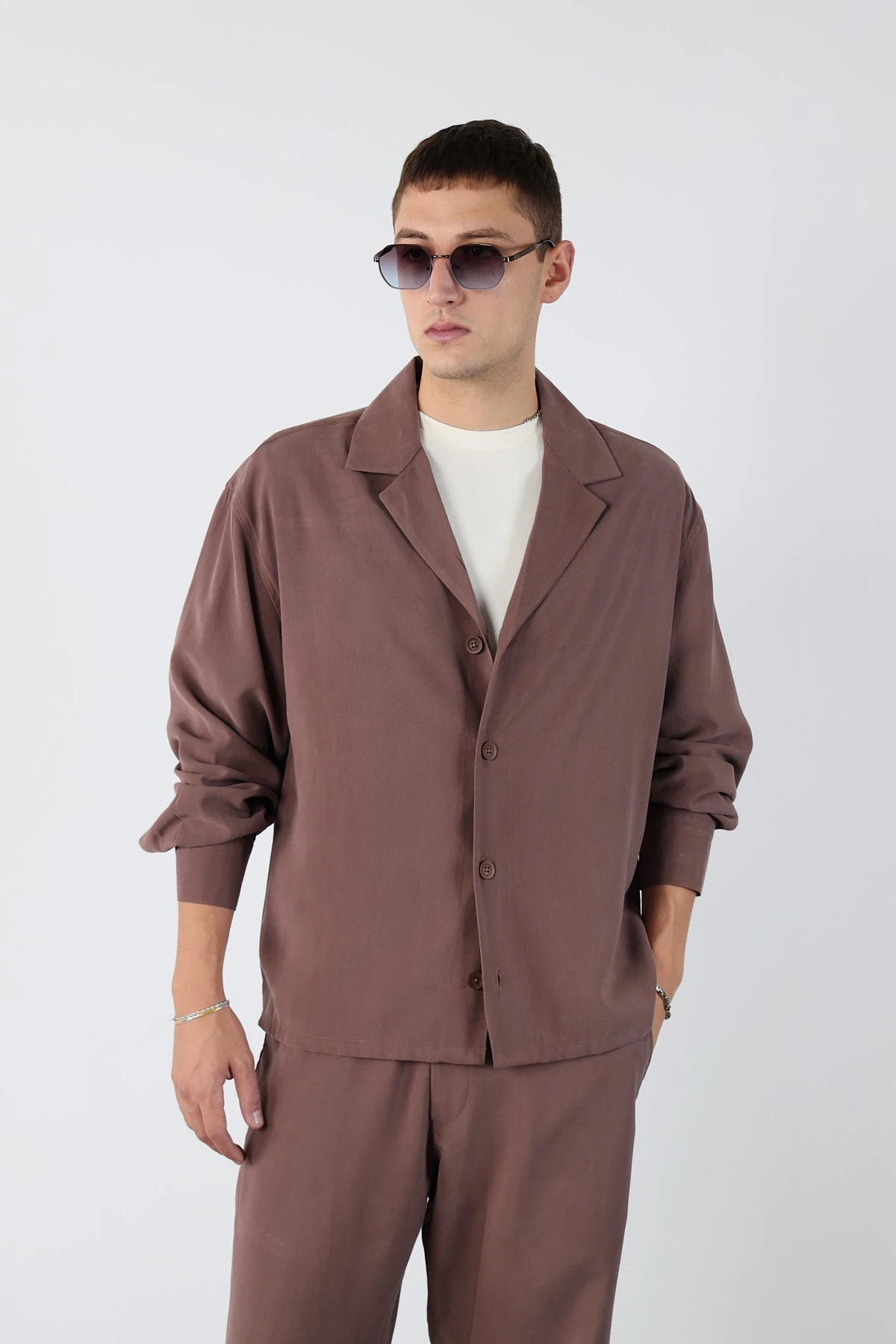 Boxy Fit Modal Kumaş Erkek Gömlek - Kahverengi