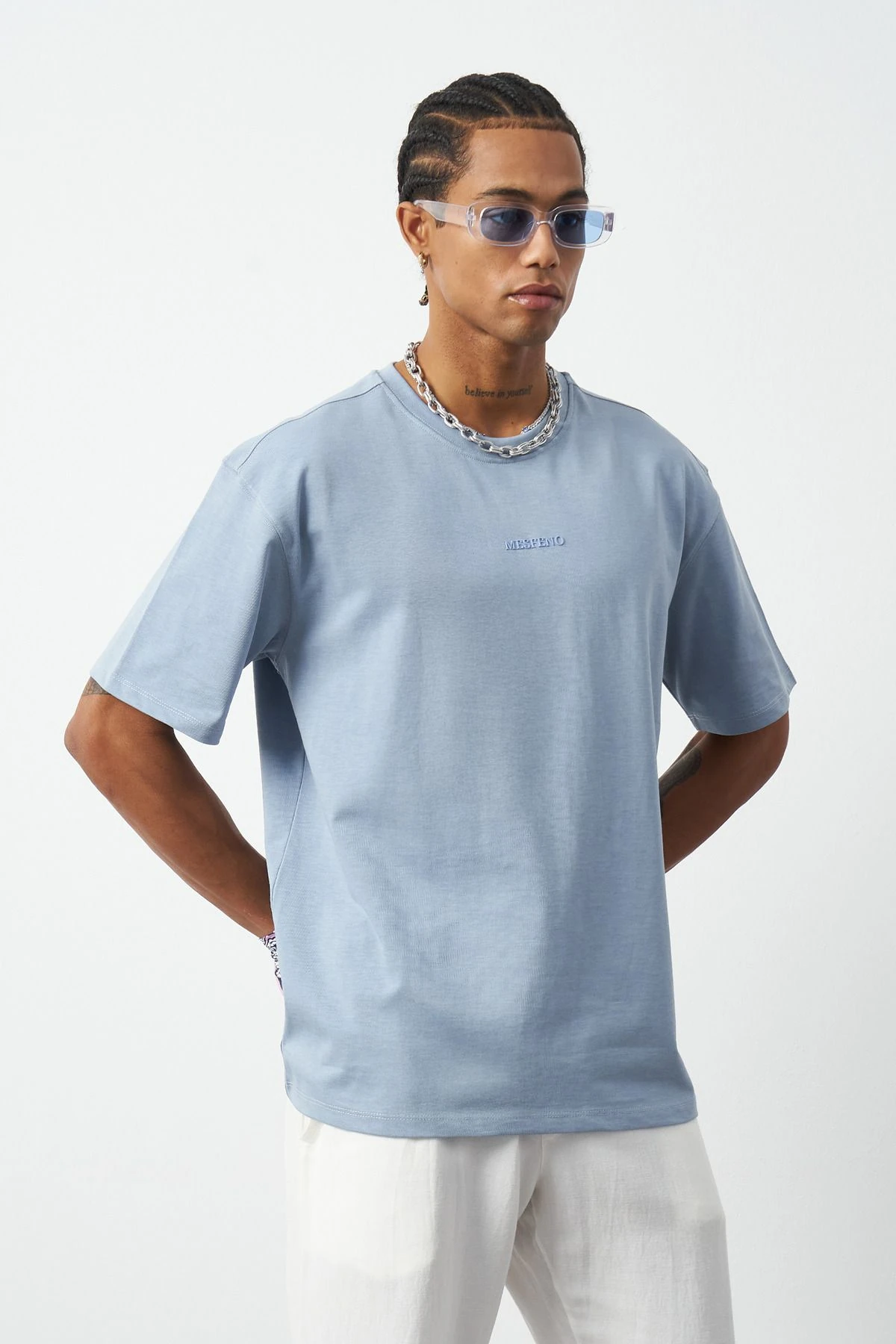 Ön Baskılı Boxy Fit Bisiklet Yaka T-Shirt - Prada Mavisi