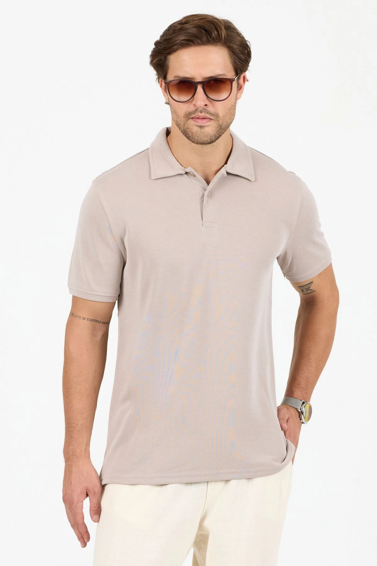Modal Kumaş Polo Yaka Regular T-Shirt - Bej