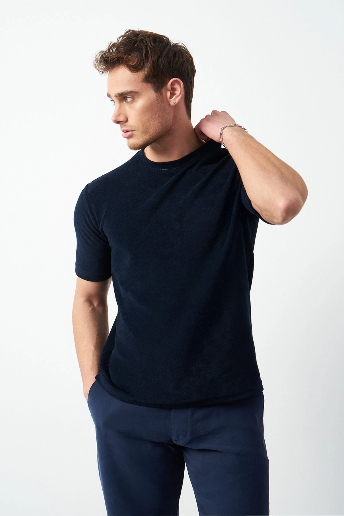 Havlu Kumaş Regular Fit Sıfır Yaka T-Shirt - Lacivert