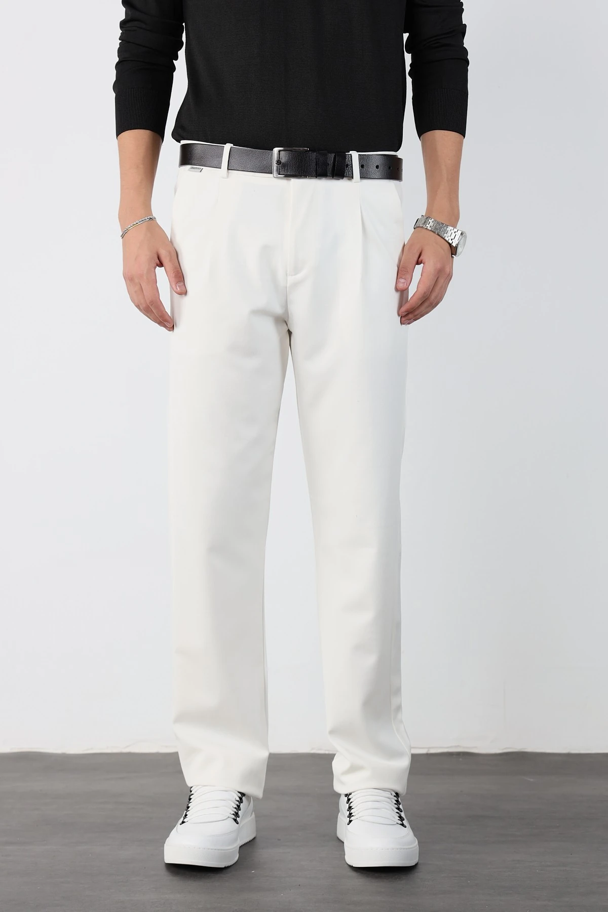 Tek Pile Bel Lastikli Baggy Erkek Kumaş Pantolon - Beyaz