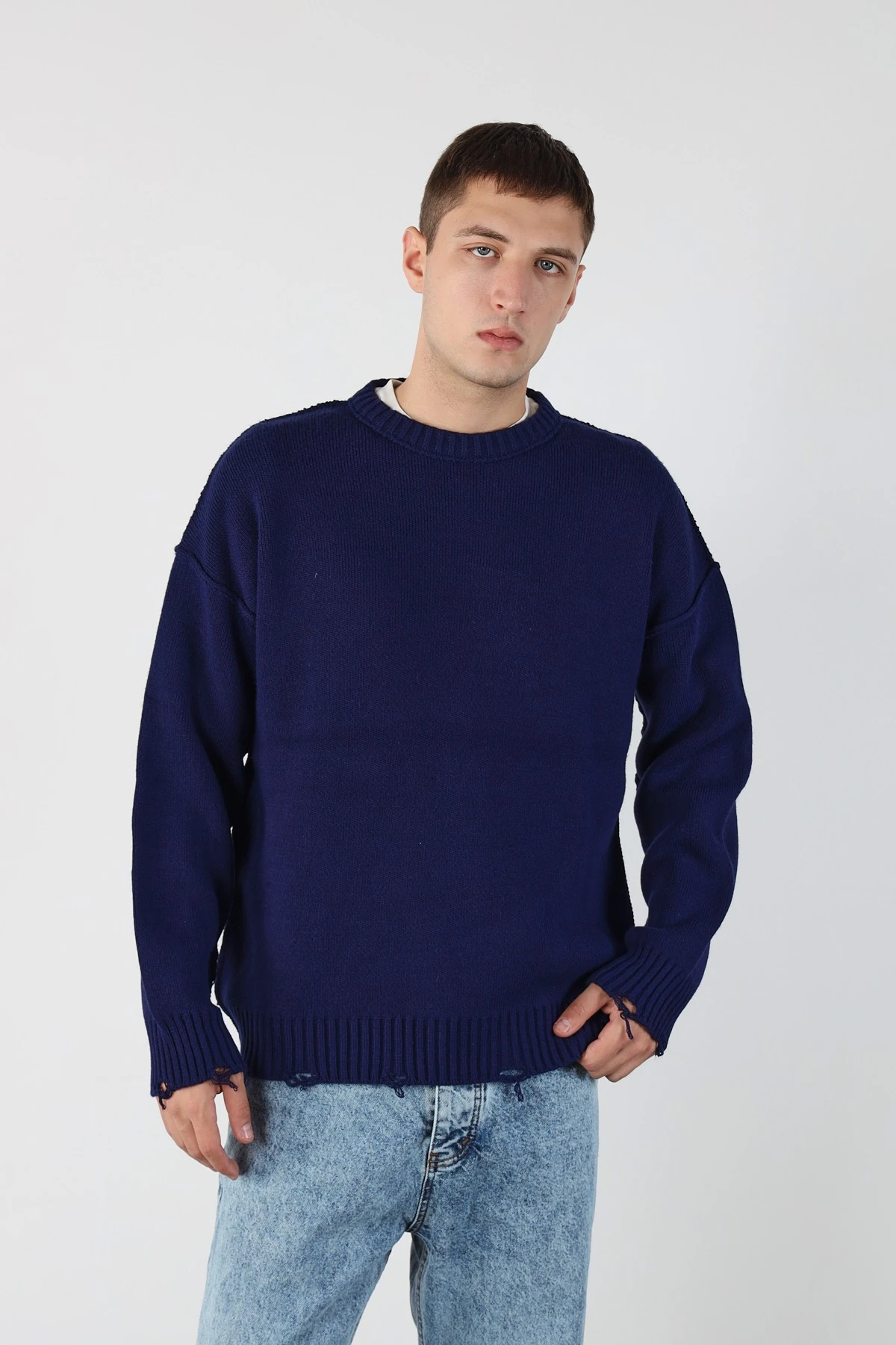 Eskitme Detaylı Oversize Triko Kazak