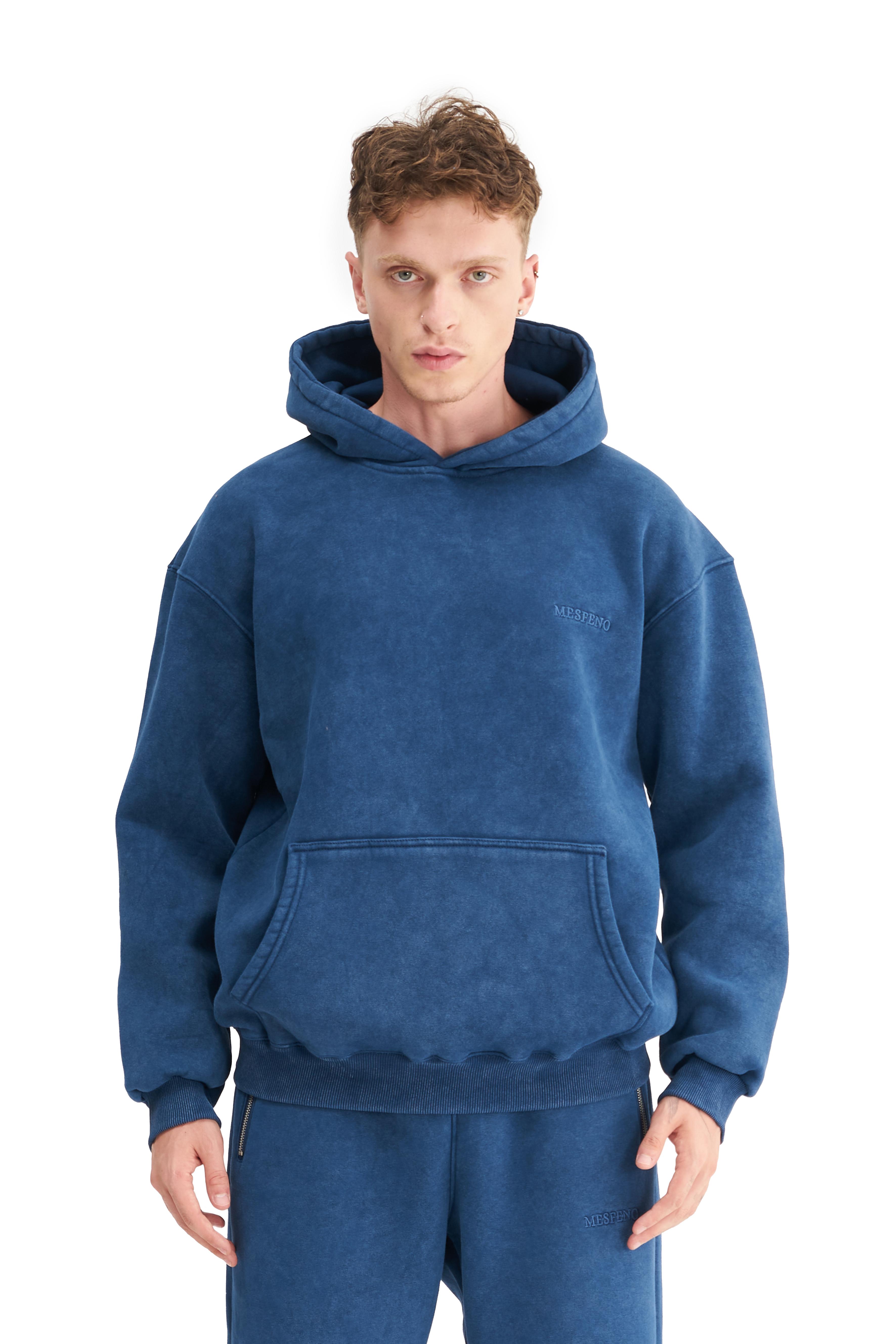 Mesfeno Erkek Oversize Şardonlu Kapüşonlu Yıkamalı Sweatshirt - Indigo