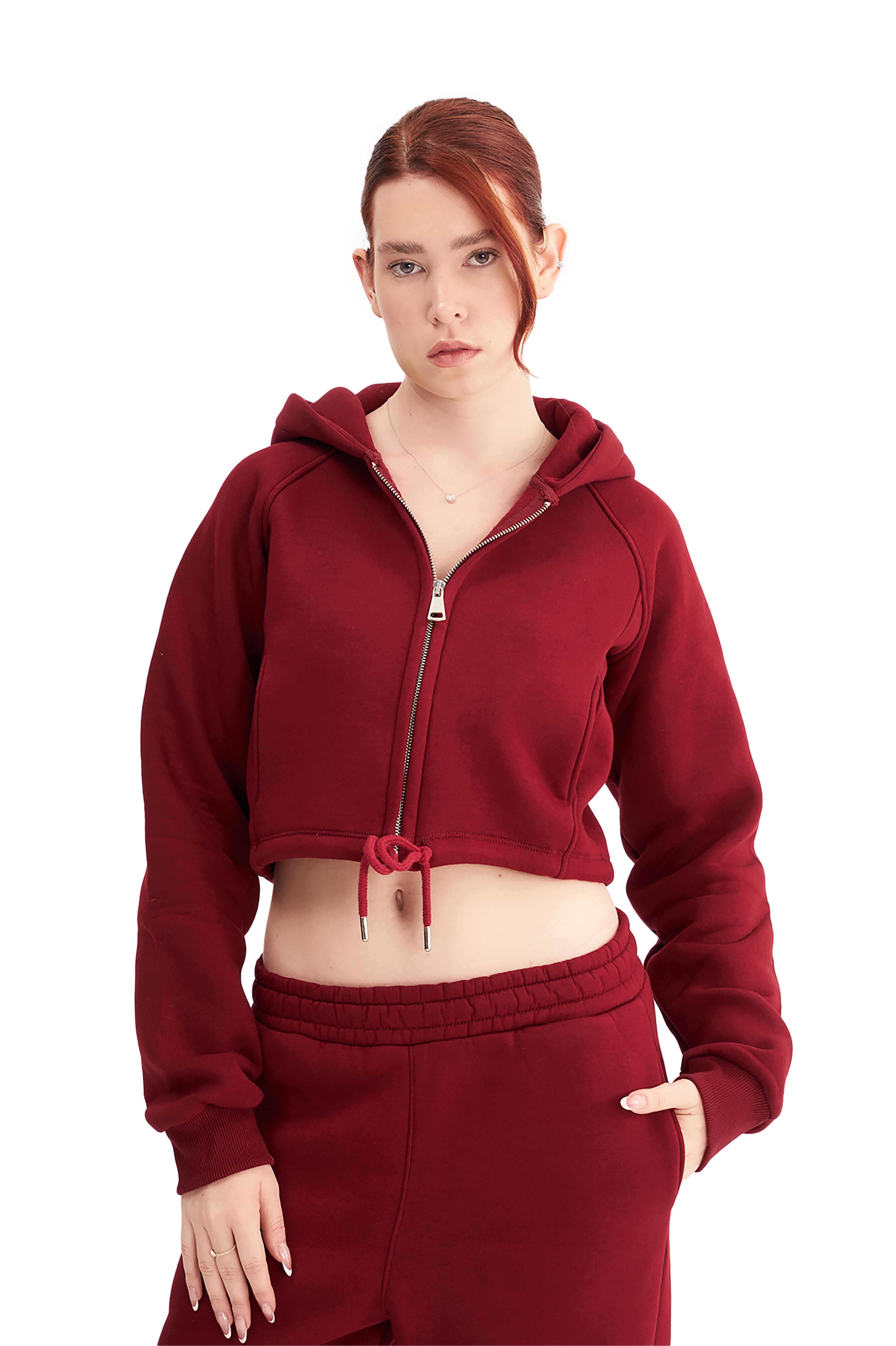 Mesfeno Kadın Fermuarlı Kapüşonlu Crop Sweatshirt - Bordo