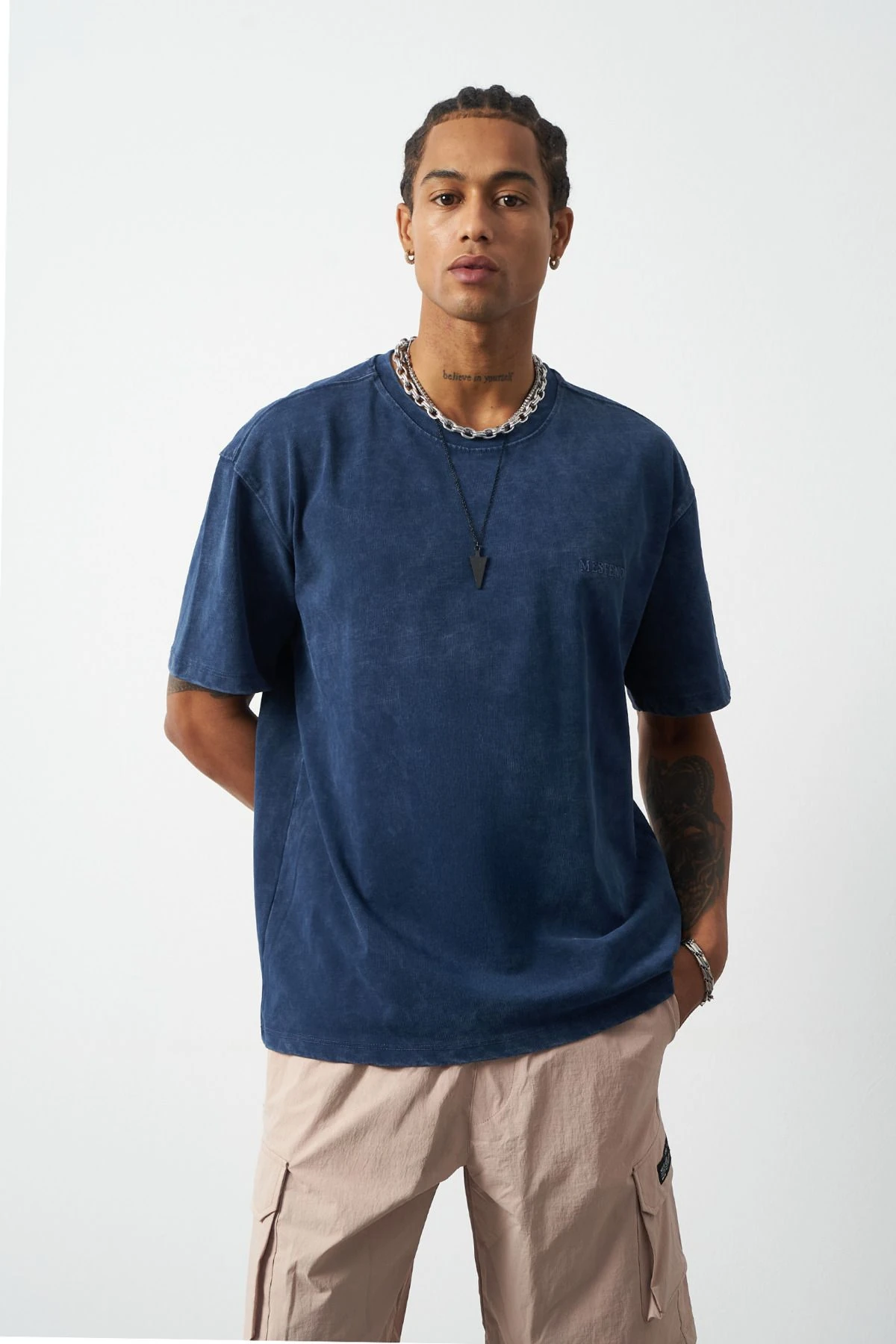 Efektli Yıkamalı Boxy Fit Premium T-Shirt - Lacivert