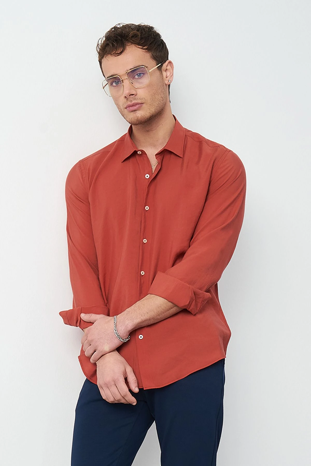 Modal Uzun Kol Rahat Kesim Erkek Gömlek - Kiremit