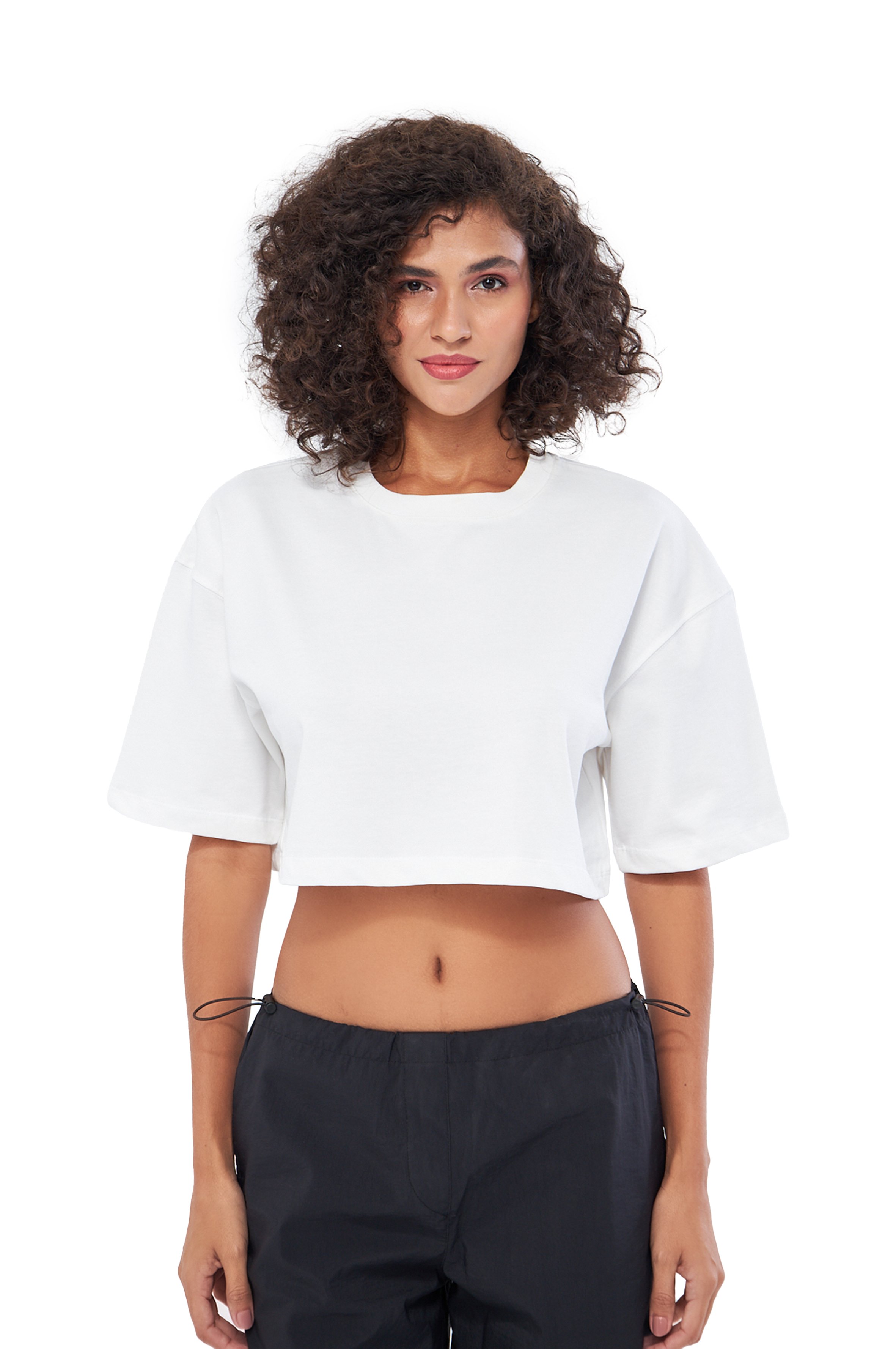 MESFENO KADIN BASIC OVERSIZE  FIT CROP TSHIRT - Beyaz