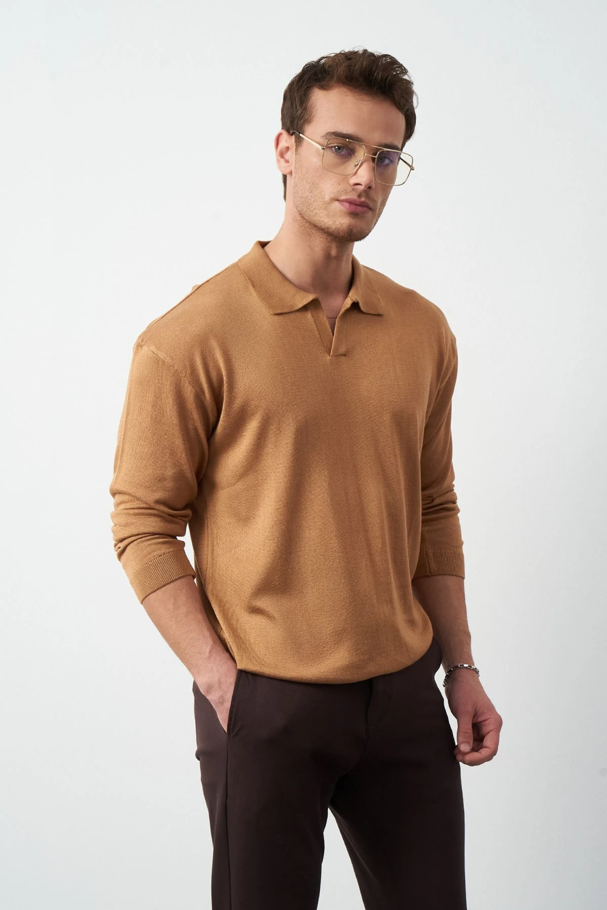 Uzun Kollu Oversize İnce Triko Erkek Kazak - Hardal