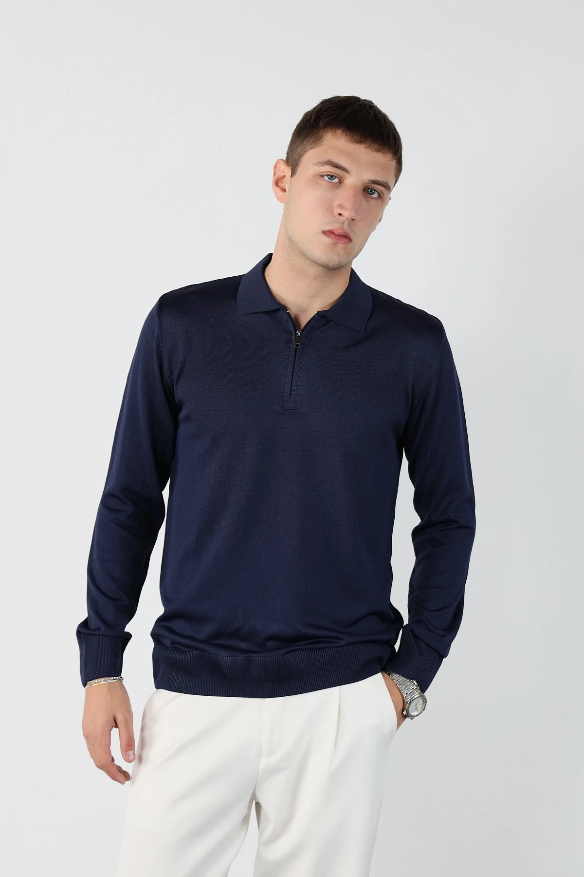 Erkek Polo Yaka Fermuarlı Merserize Triko - Lacivert
