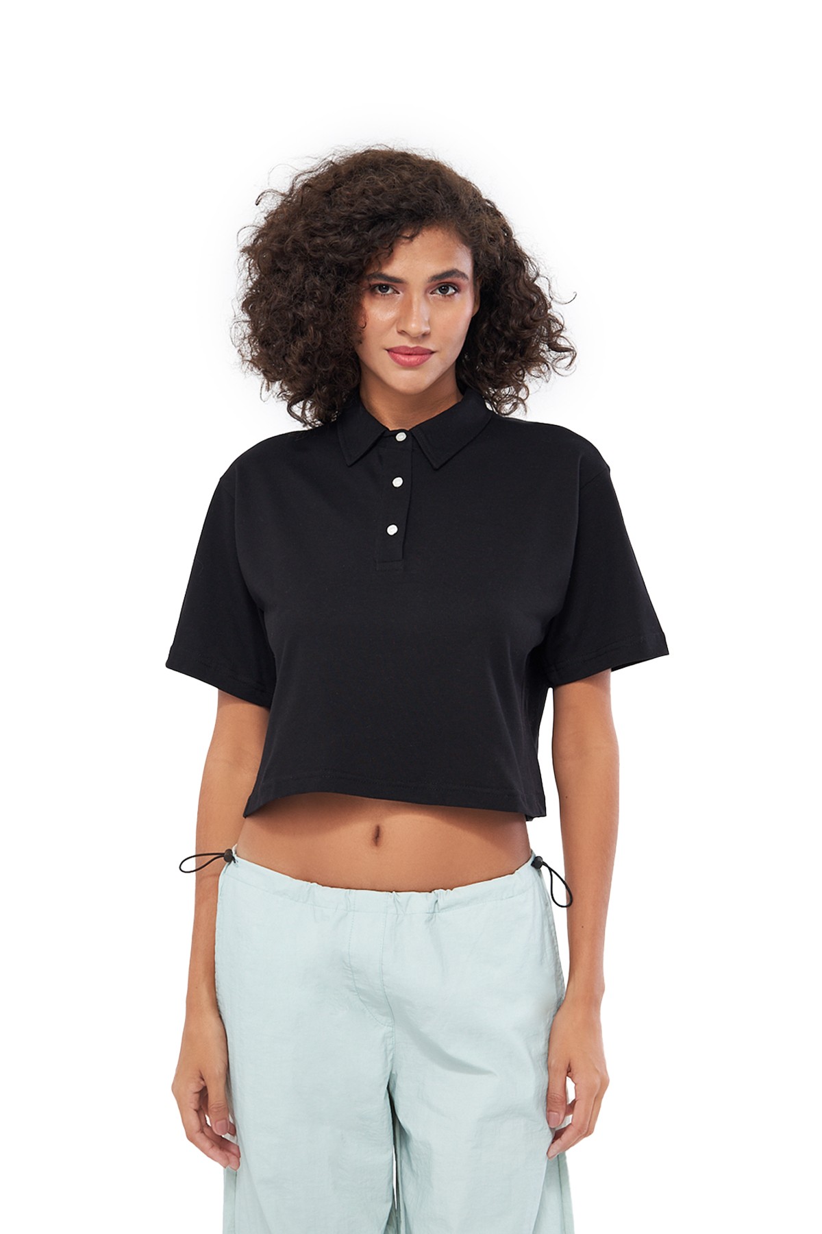 MESFENO KADIN BASIC OVERSIZE FIT CROP POLO TSHIRT