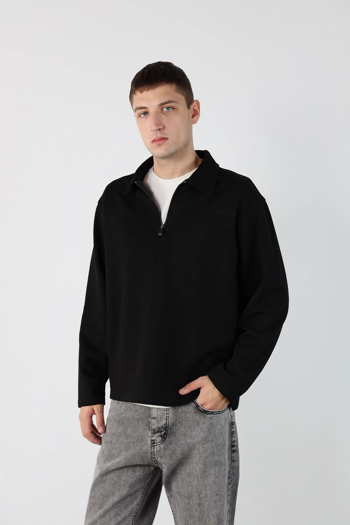 Yarım Fermuarlı Oversize Erkek Sweatshirt - Siyah