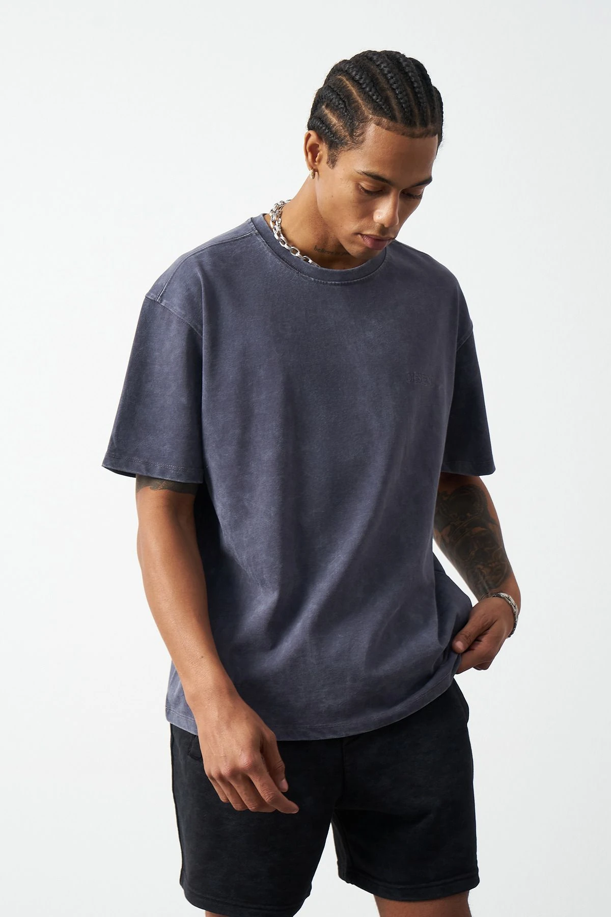 Efektli Yıkamalı Boxy Fit Premium T-Shirt - Gri