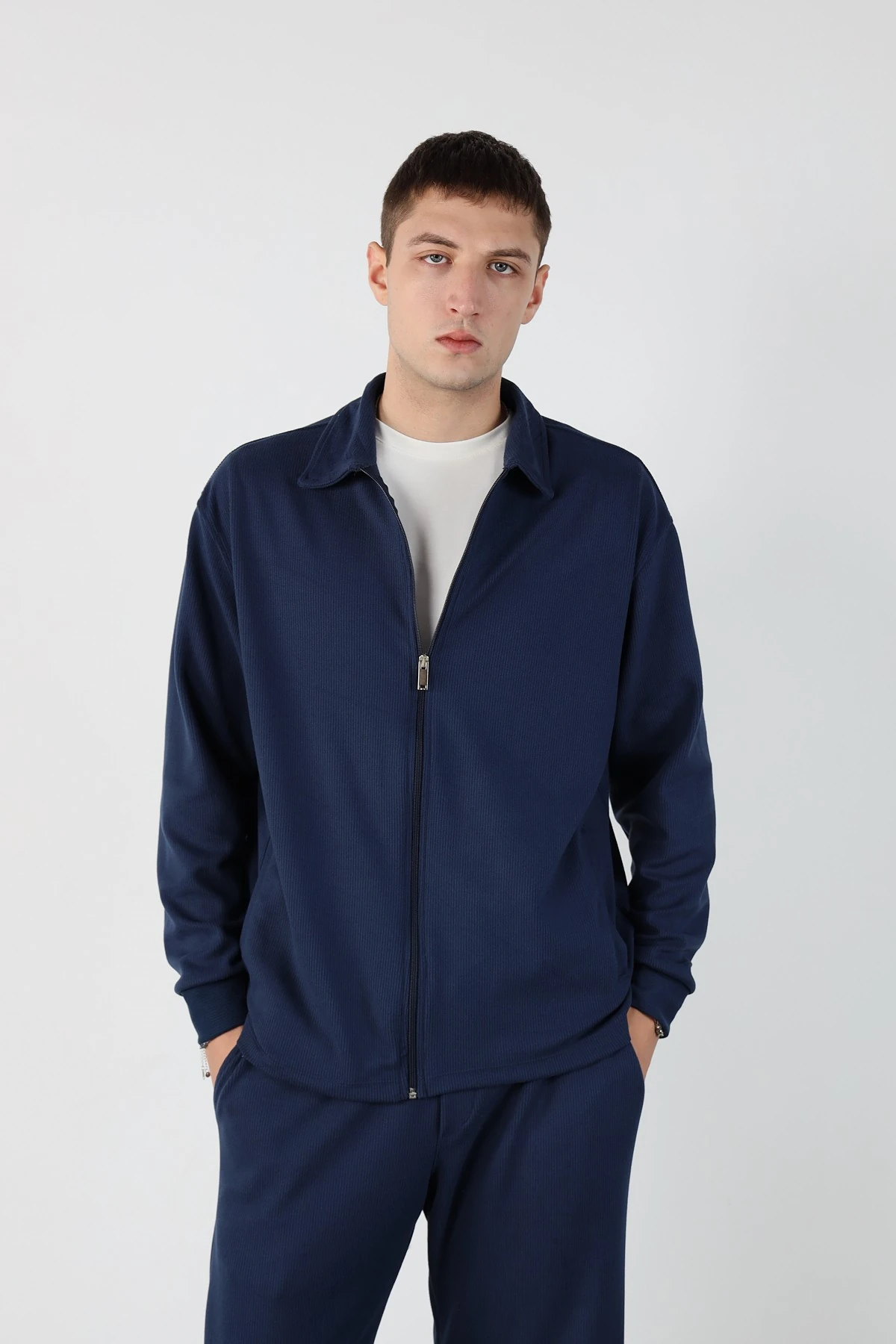 Oversize Fermuarlı Ottoman Sweatshirt - Lacivert