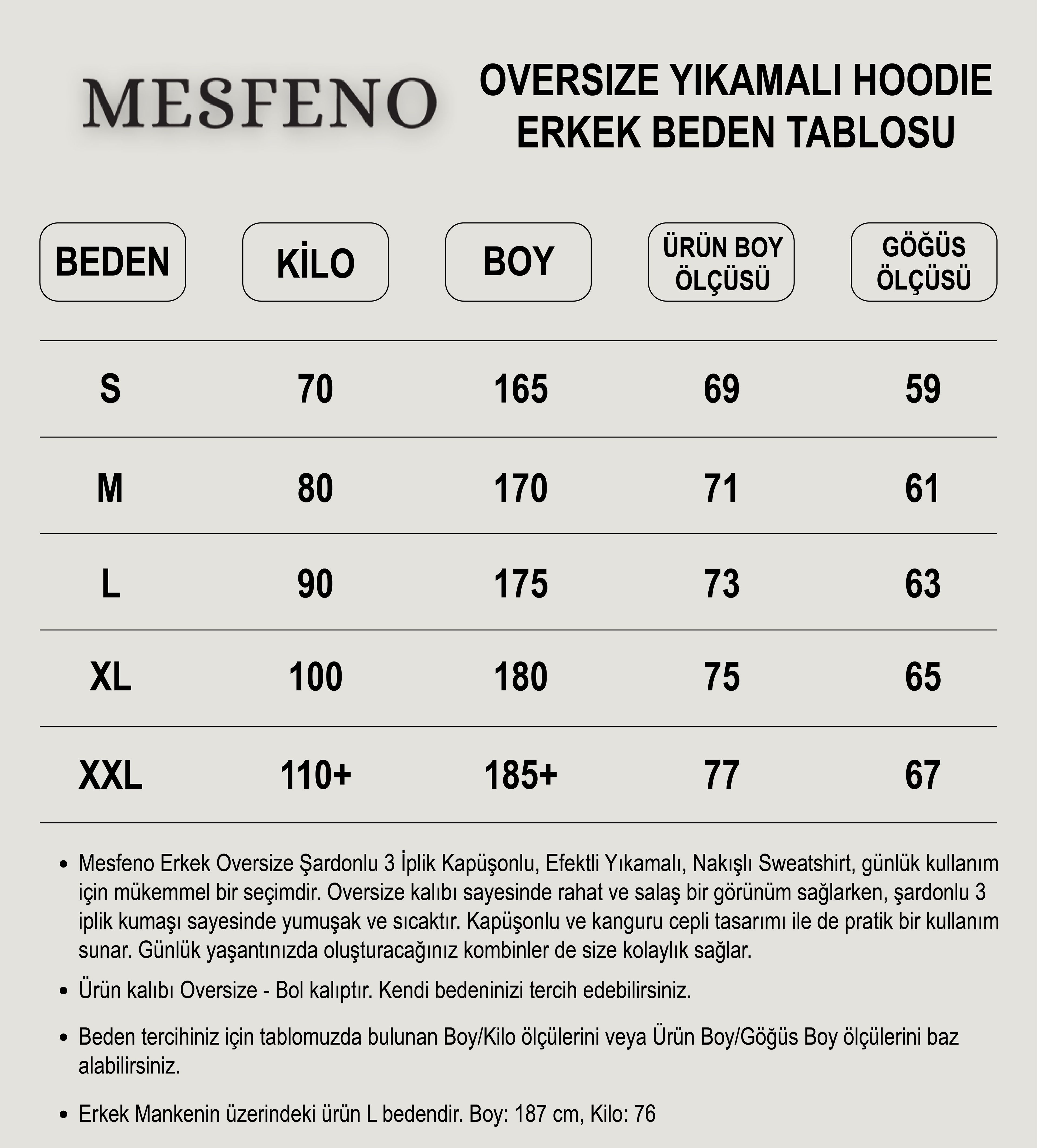 Mesfeno Erkek Oversize Şardonlu Kapüşonlu Yıkamalı Sweatshirt