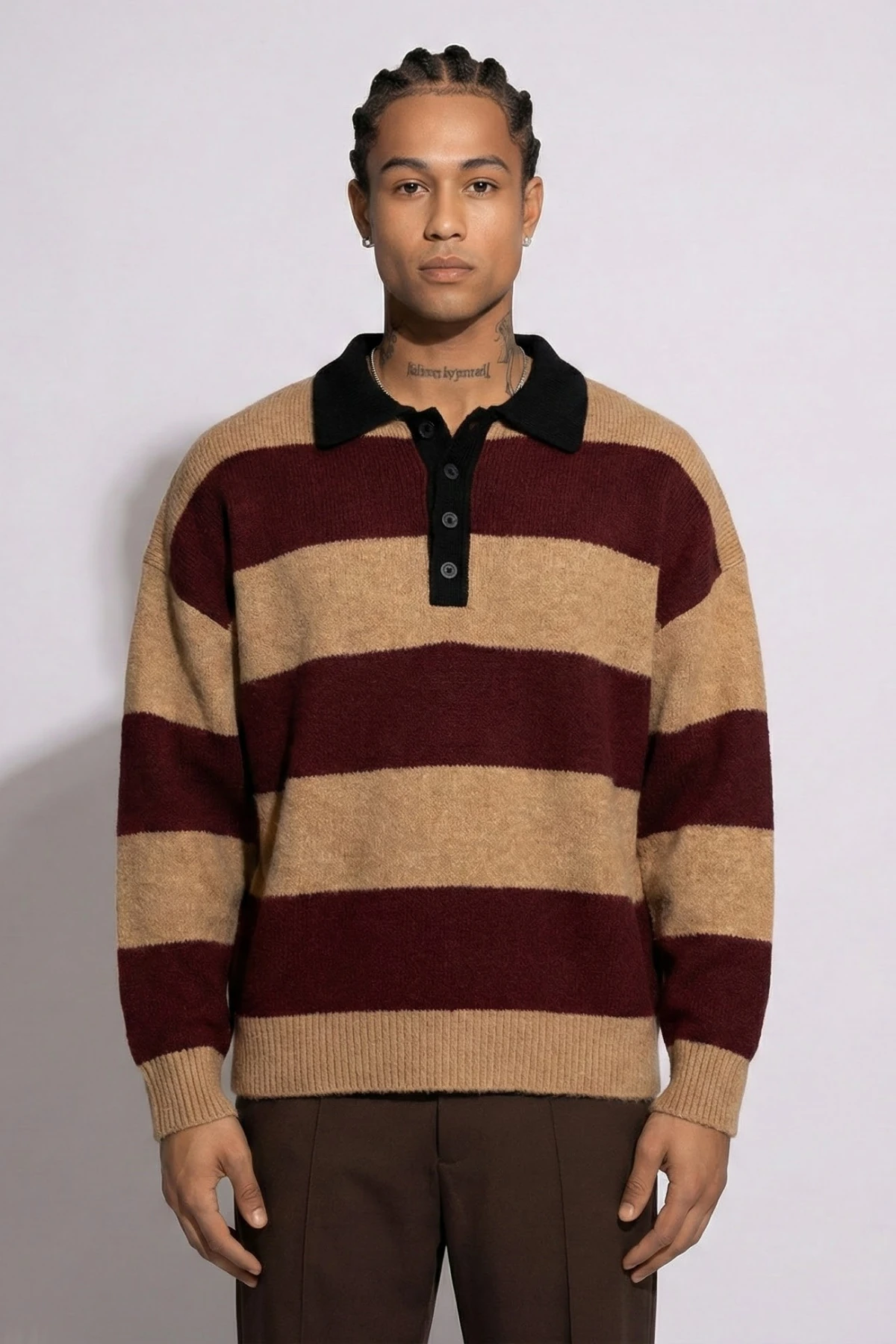 Pamuklu Oversize Çizgili Kazak - Bordo