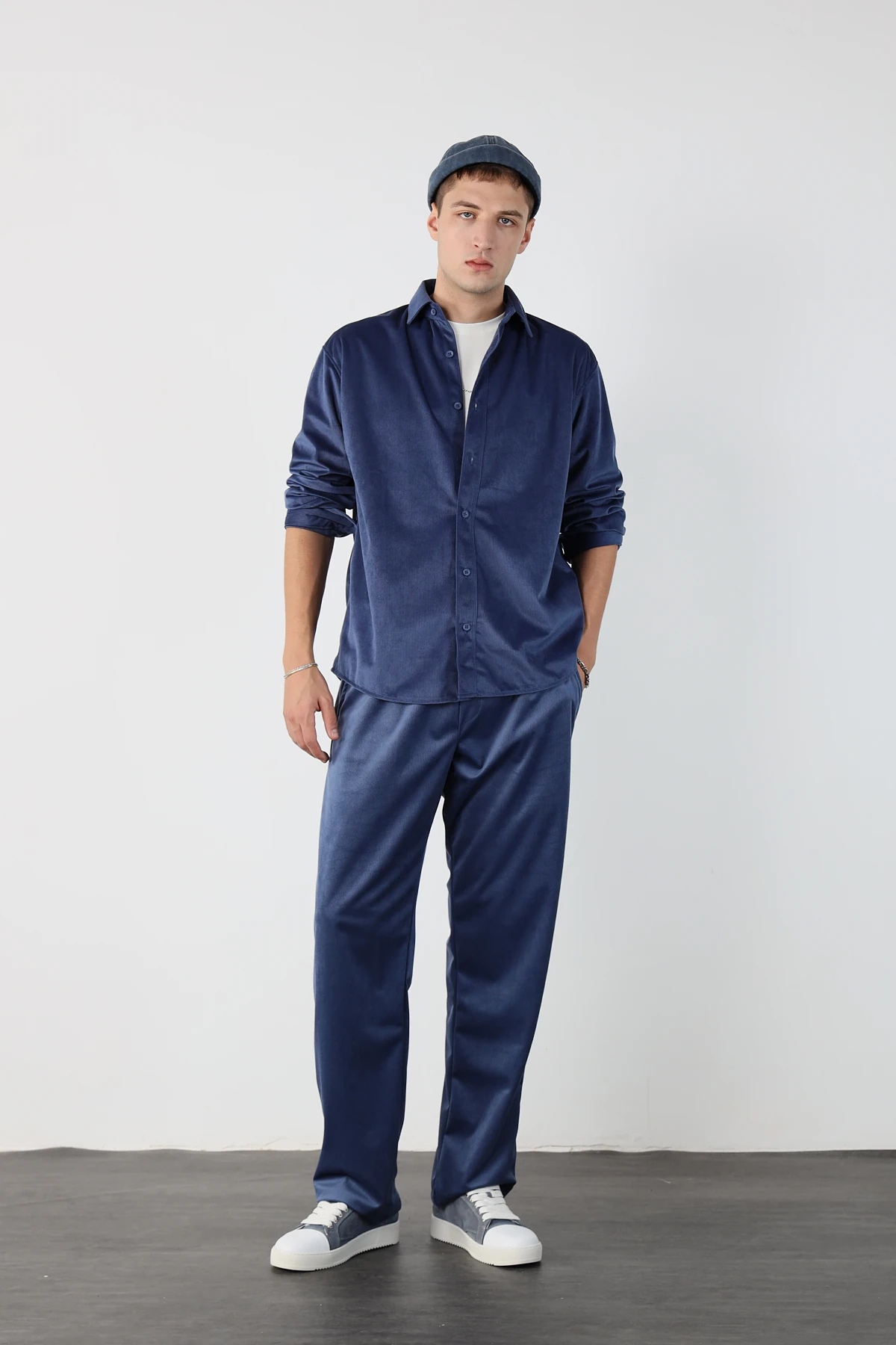 Şehir Stili Kadife Kumaş Alt Üst Takım - Indigo