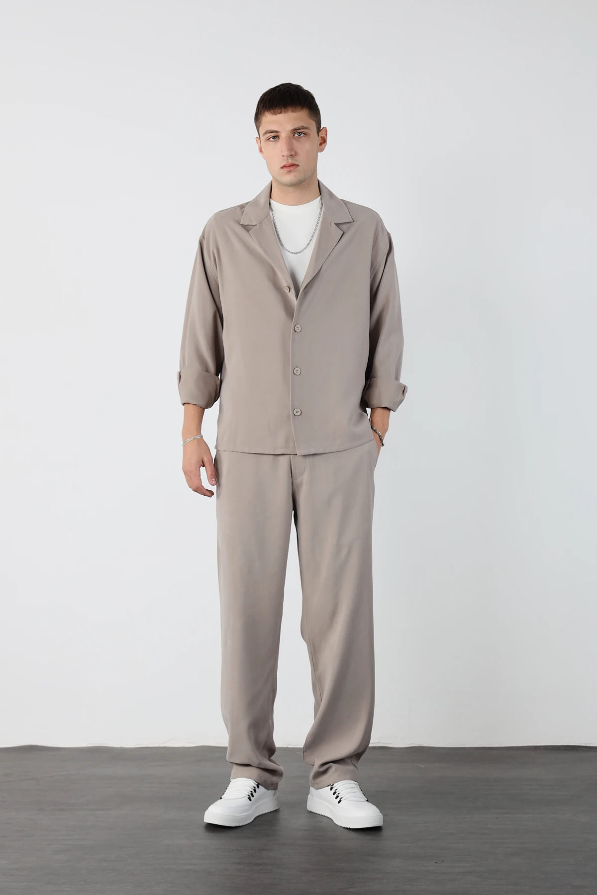 Kamp Yaka Modal Kumaş Alt Üst Takım - Taş