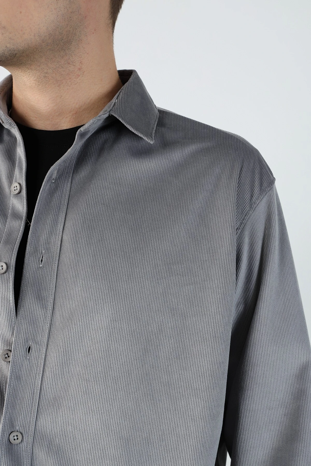 İnce Fitilli Oversize Kadife Gömlek