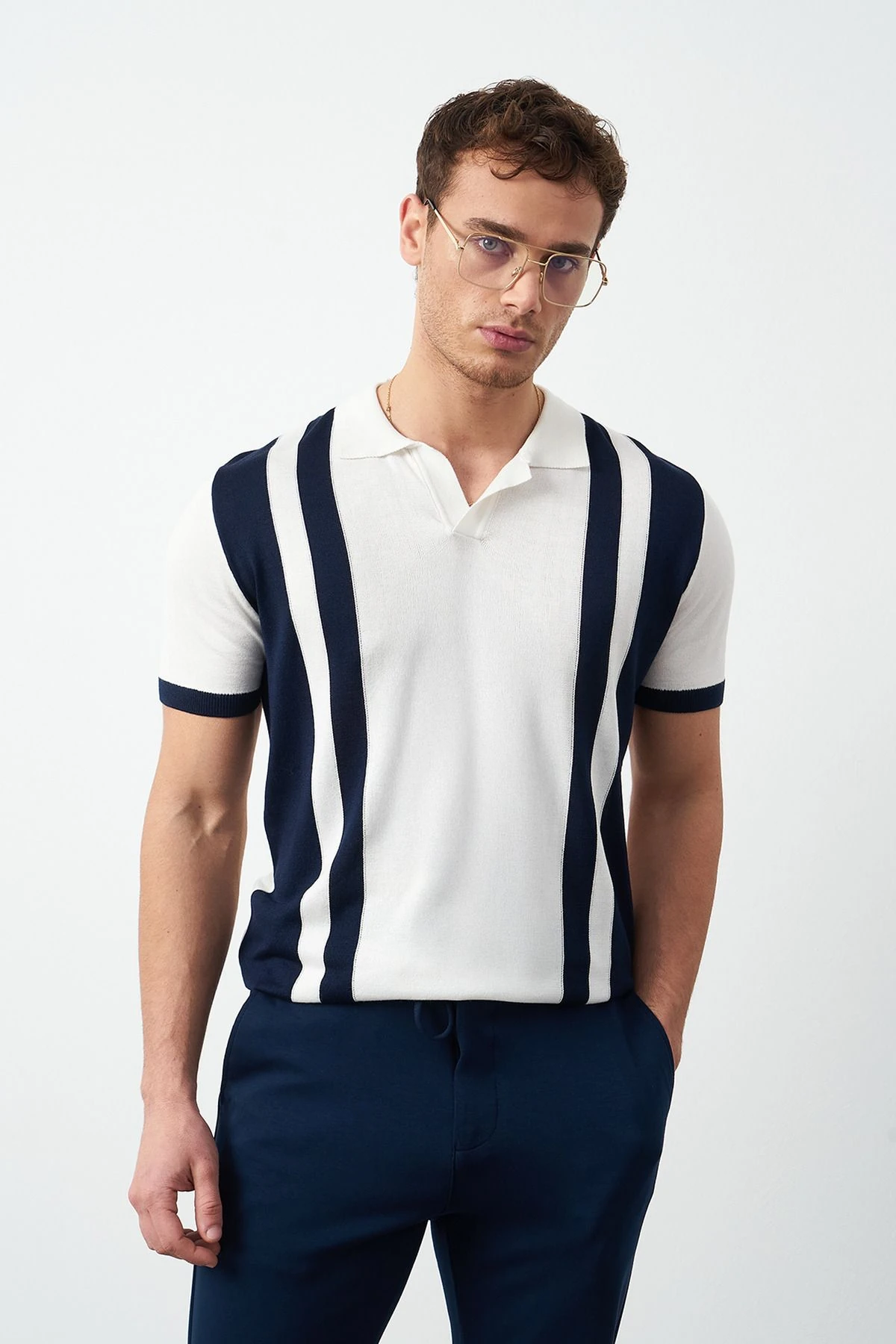 Çizgili Polo Yaka Triko Erkek T-Shirt - Lacivert