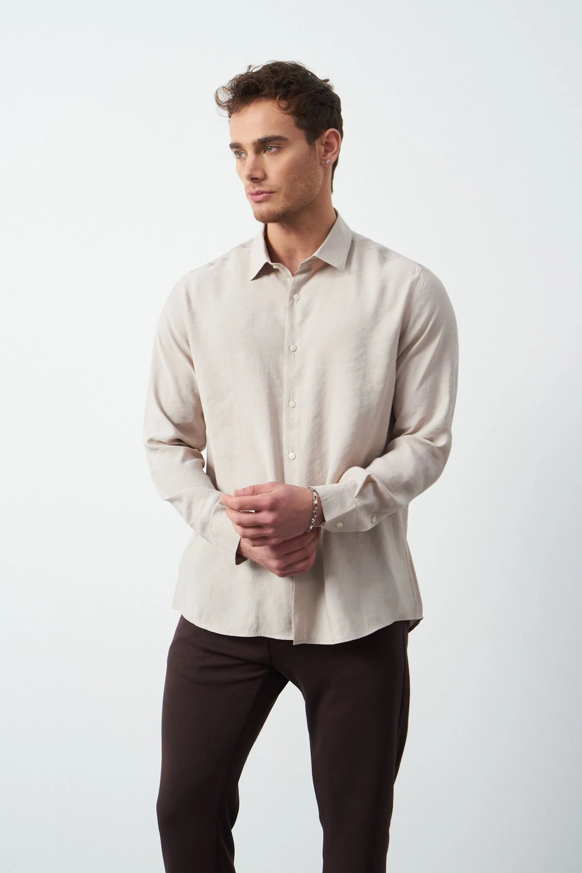 Modal Uzun Kol Rahat Kesim Erkek Gömlek - Bej