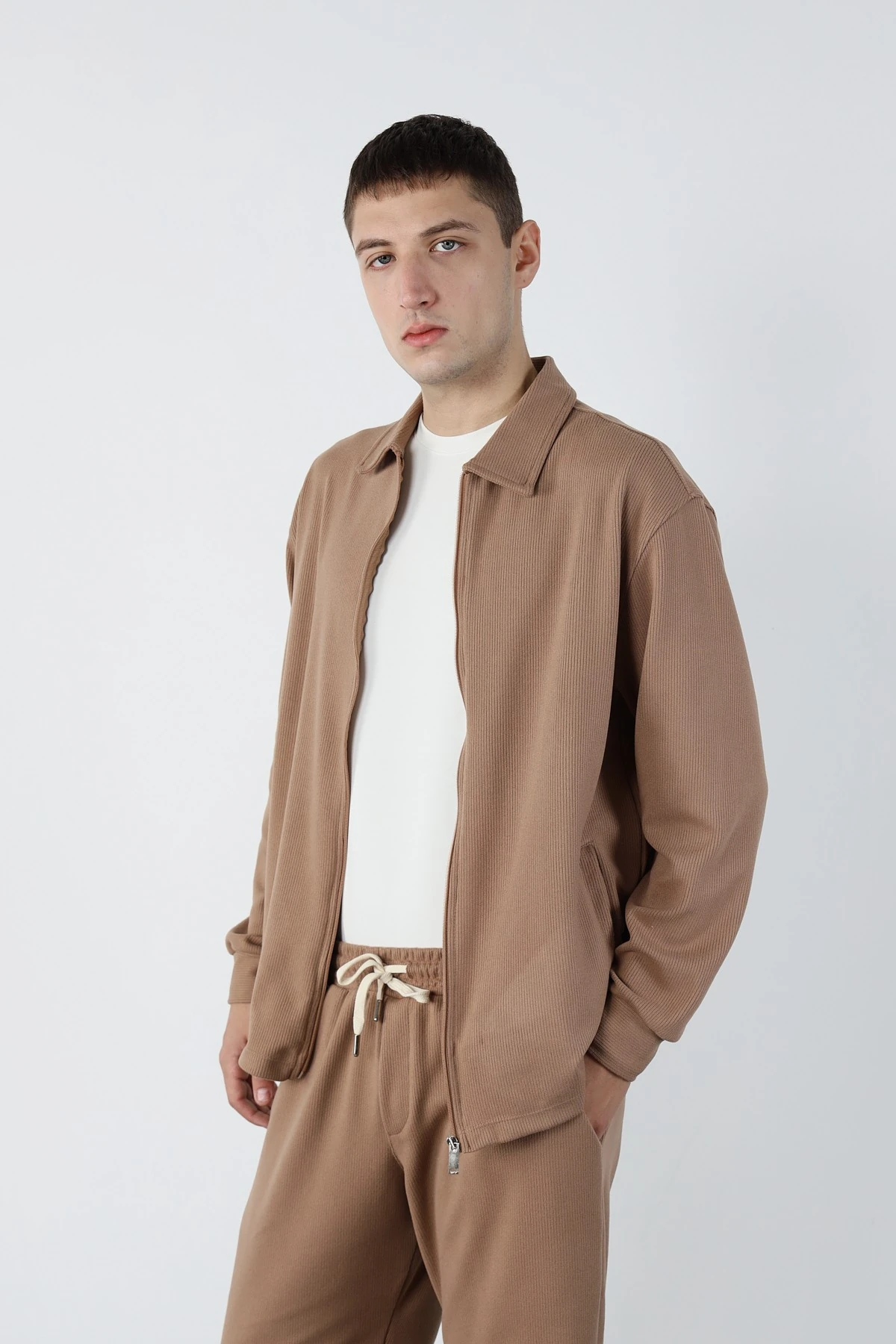 Oversize Fermuarlı Ottoman Sweatshirt - Kahverengi