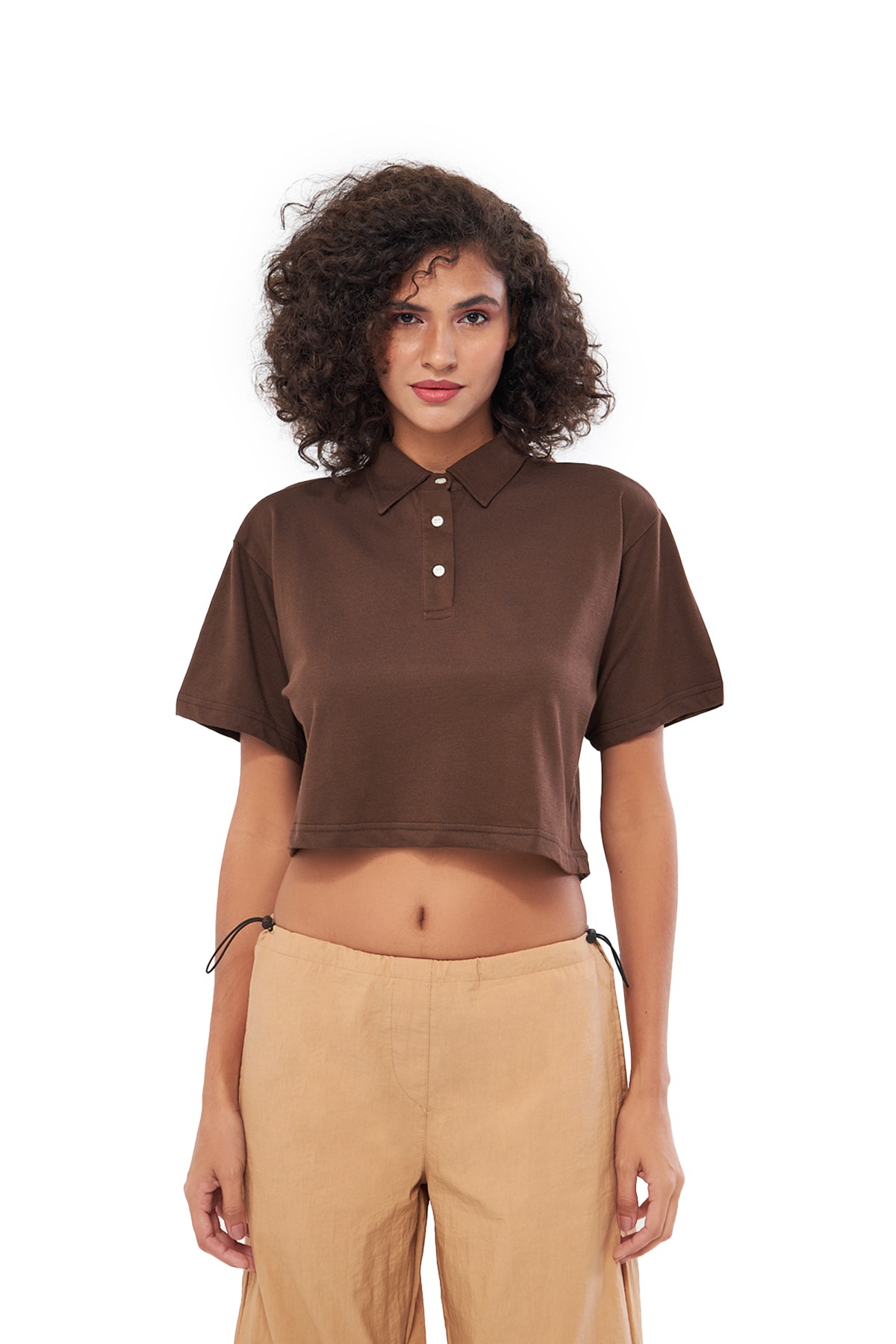 MESFENO KADIN BASIC OVERSIZE FIT CROP POLO TSHIRT - Kahverengi