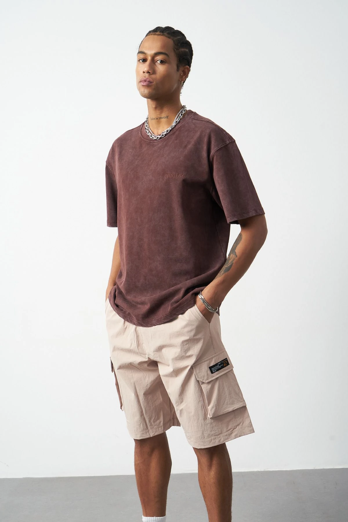 Efektli Yıkamalı Boxy Fit Premium T-Shirt - Kahverengi