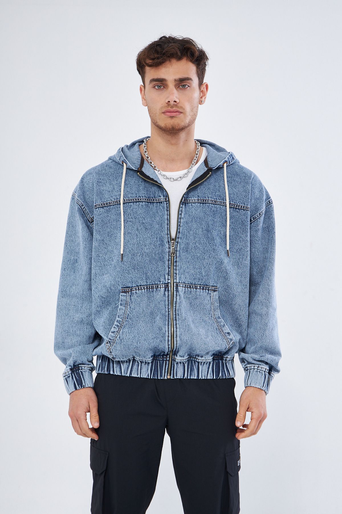 Mesfeno Kapüşonlu Denim Kumaş Erkek Sweatshirt - Mavi