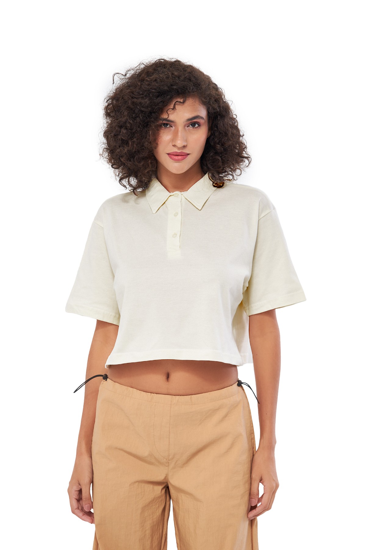 MESFENO KADIN BASIC OVERSIZE FIT CROP POLO TSHIRT