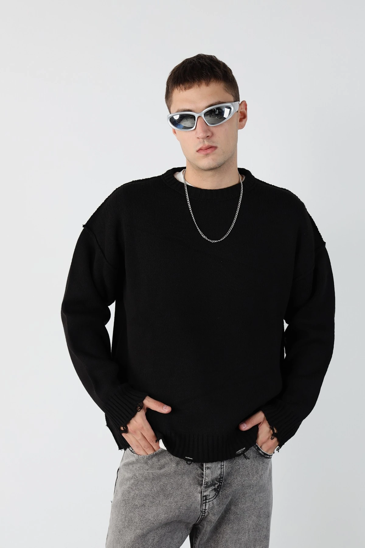 Eskitme Detaylı Oversize Triko Kazak